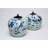 Two Chinese blue and white celadon ground jars and covers with playing children on a terrace, 19th/2