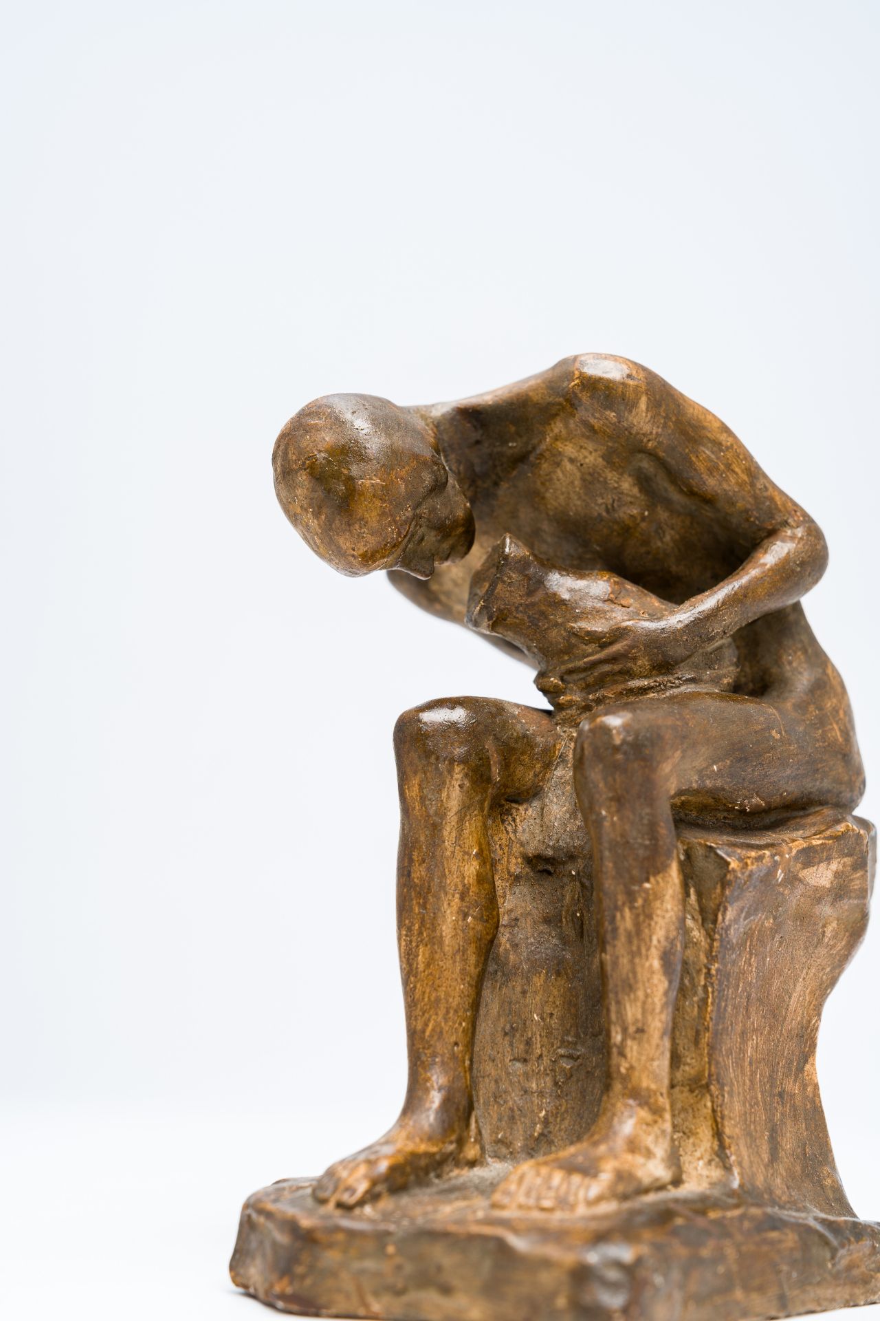 Constant Montald (1862-1944): A seated young man with a jug, patinated plaster, dated 1900 - Image 12 of 12