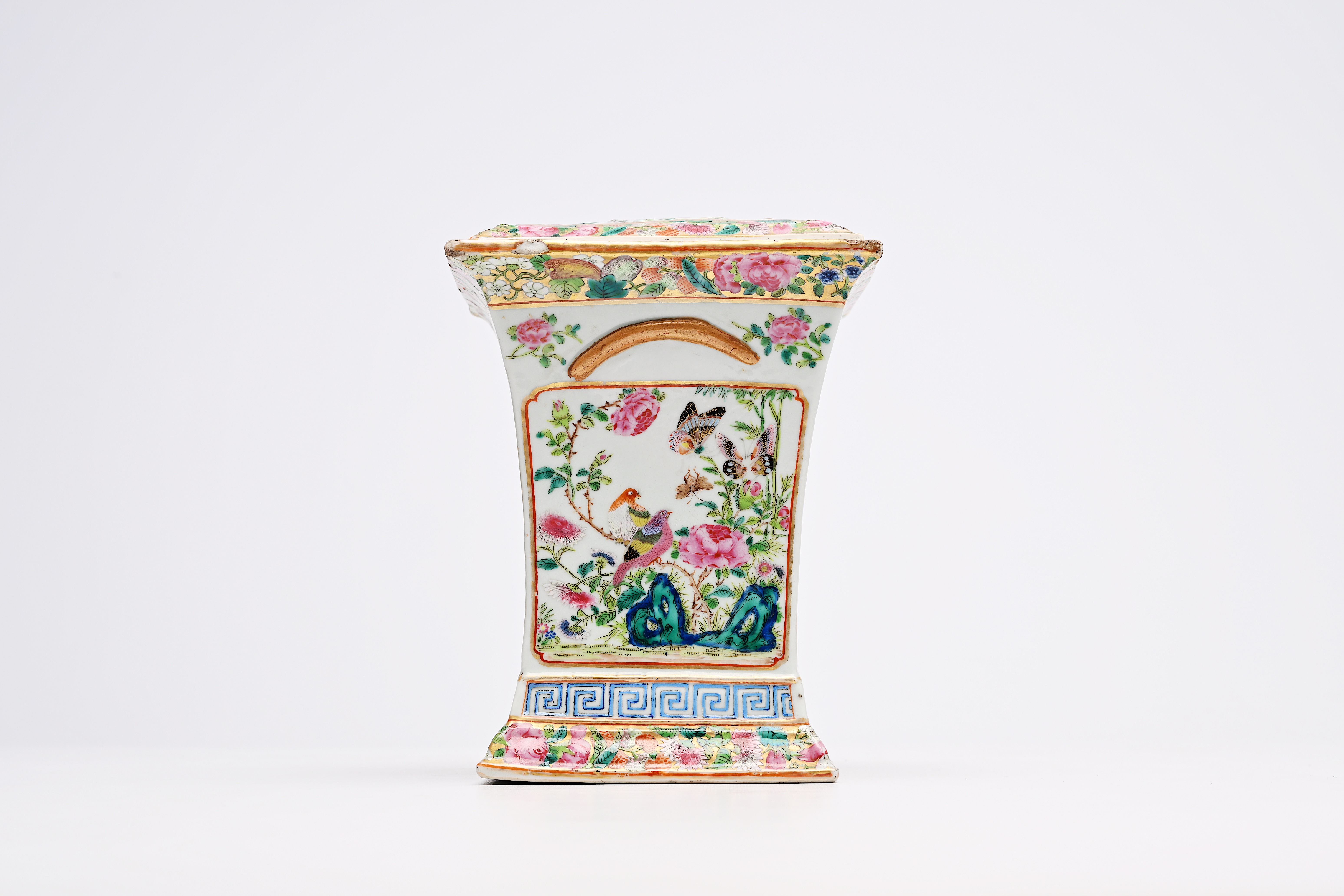 A square Chinese Canton famille rose flower holder with palace scenes and eight various plates and d - Image 9 of 11