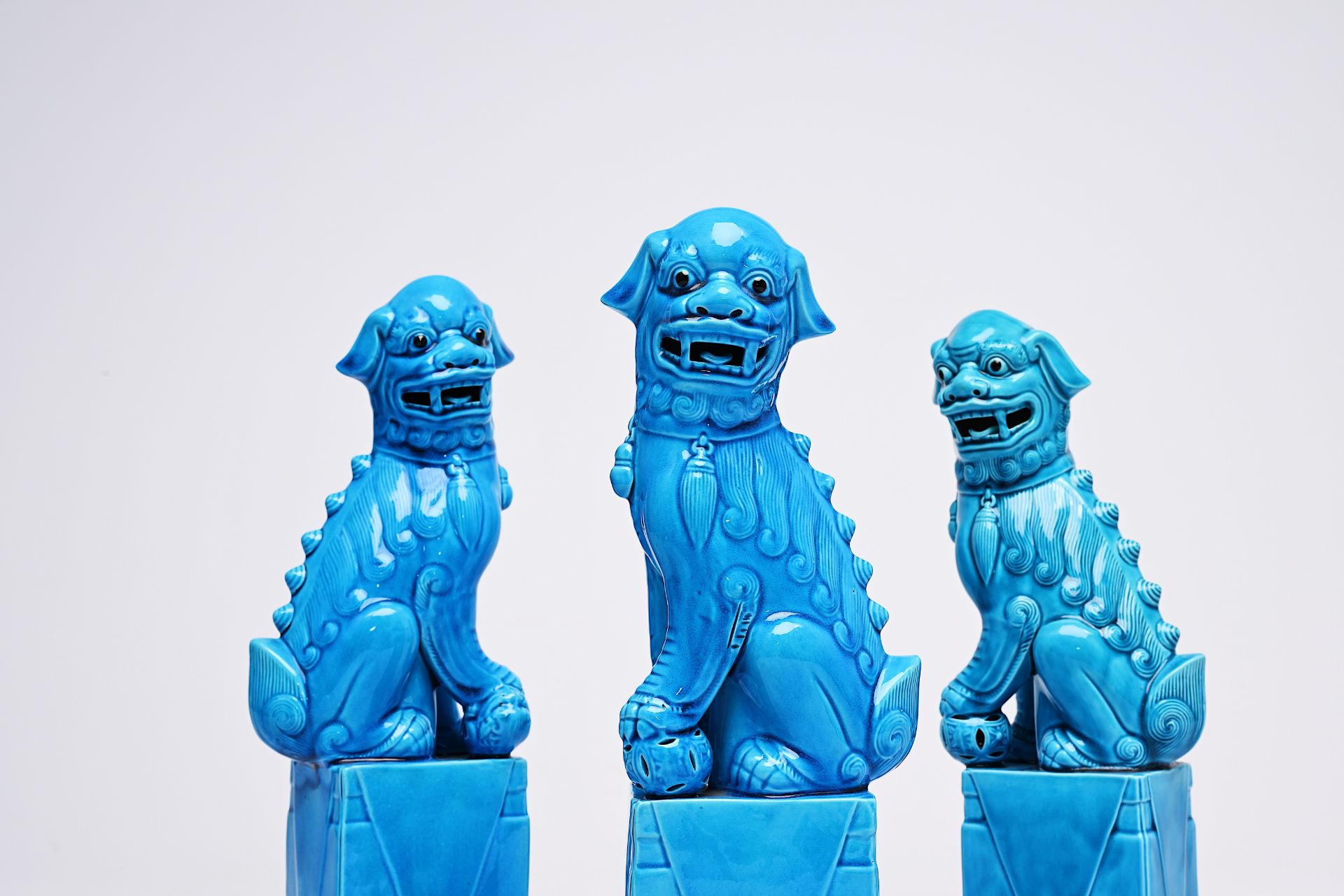 Five Chinese soapstone sculptures, three turquoise glazed lions and a pair of blue and white plates, - Image 18 of 24