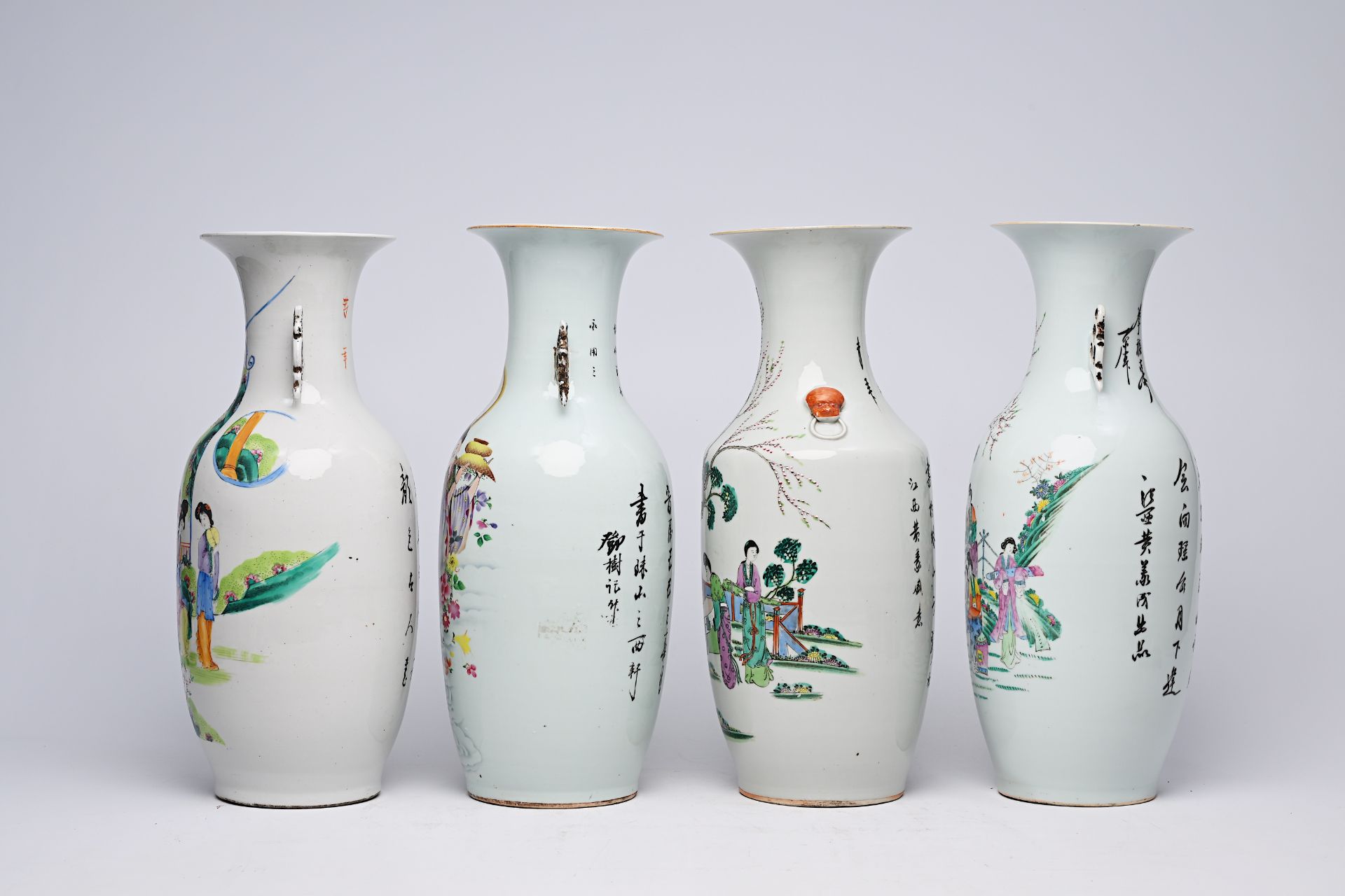 Four various Chinese famille rose and qianjiang cai vases with ladies, 19th/20th C. - Image 4 of 14