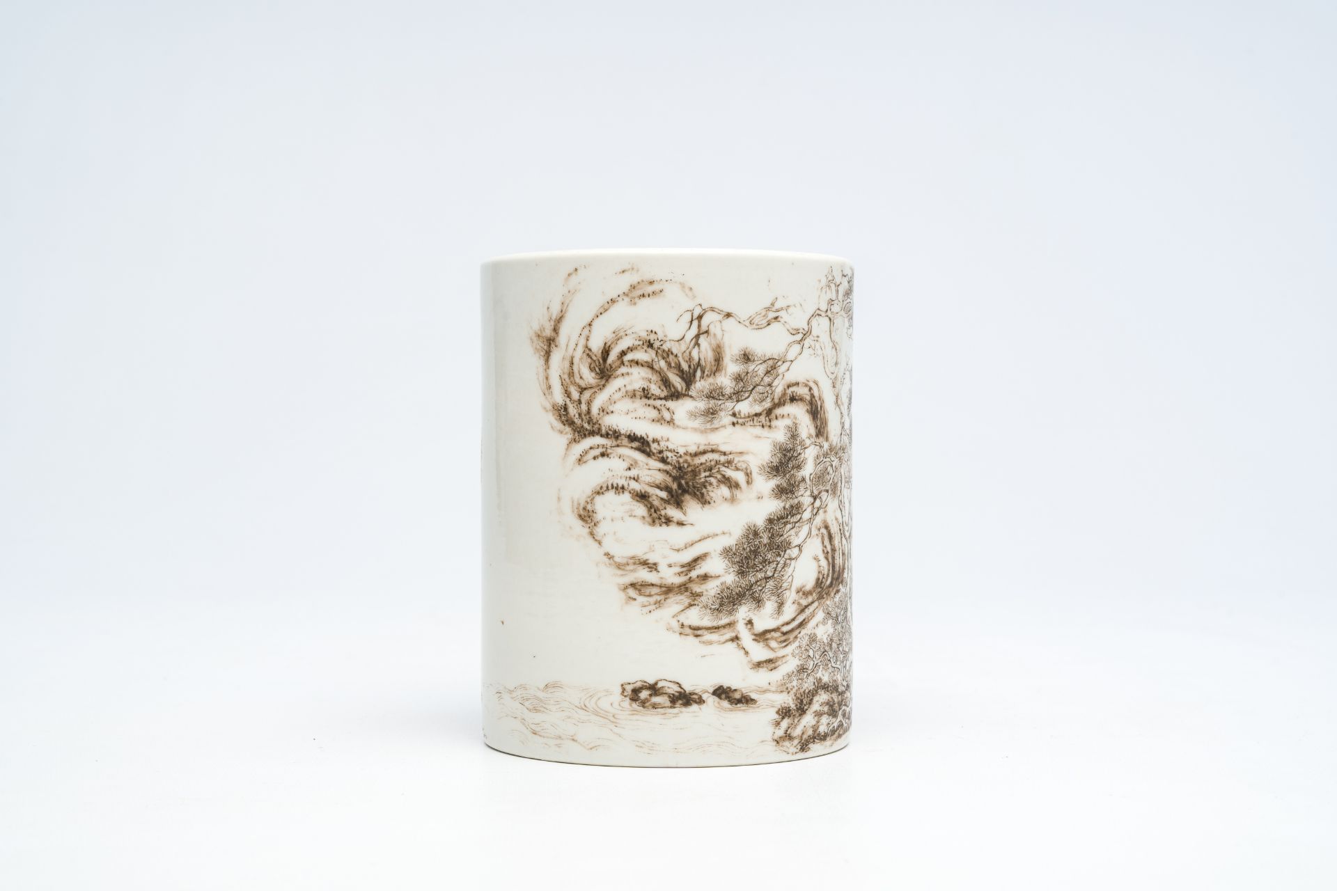 A Chinese grisaille brush pot with an animated landscape, 20th C. - Image 9 of 14