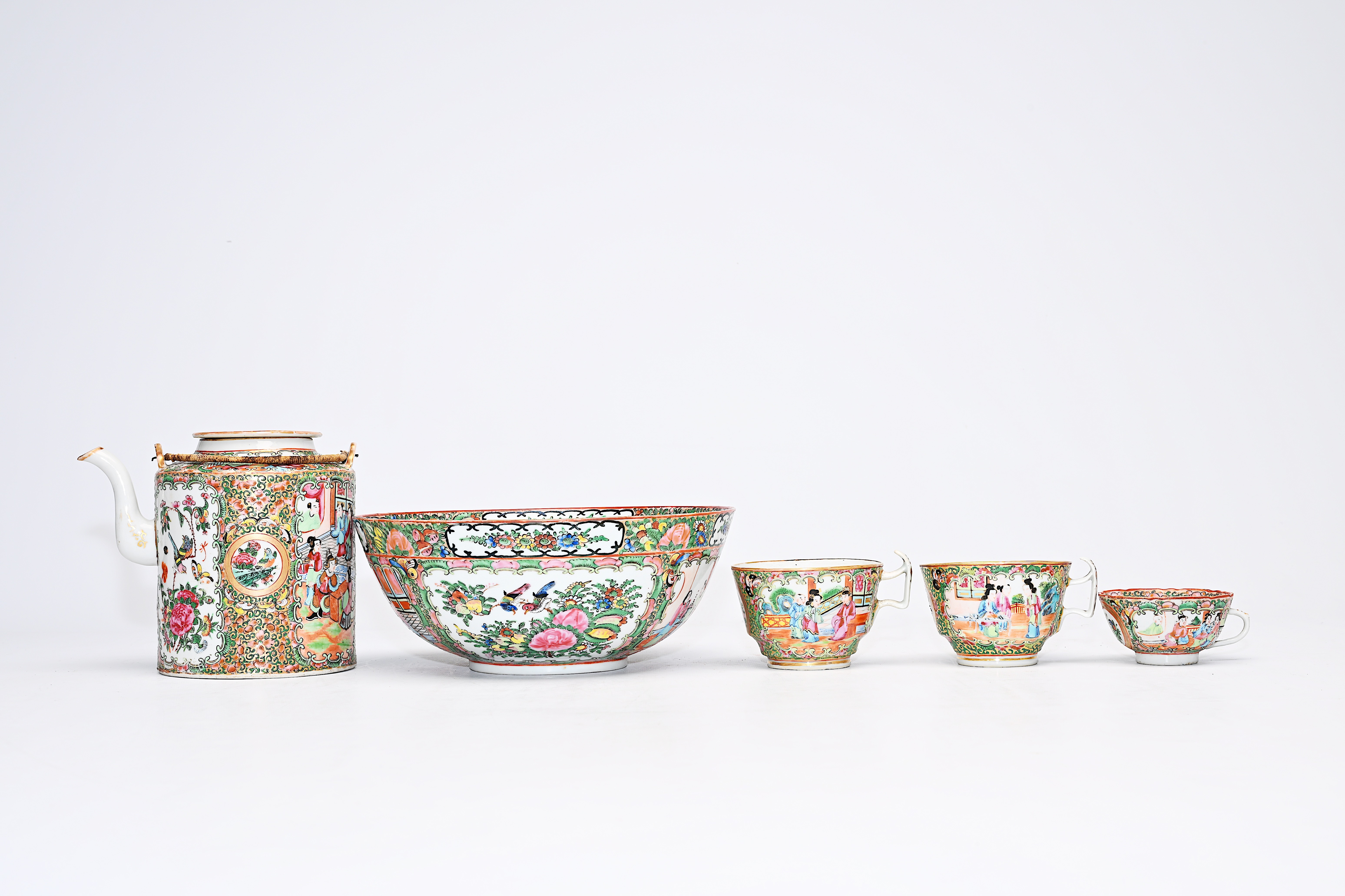 A Chinese Canton famille rose seventeen-part tea set and a bowl with palace scenes and floral design - Image 2 of 20