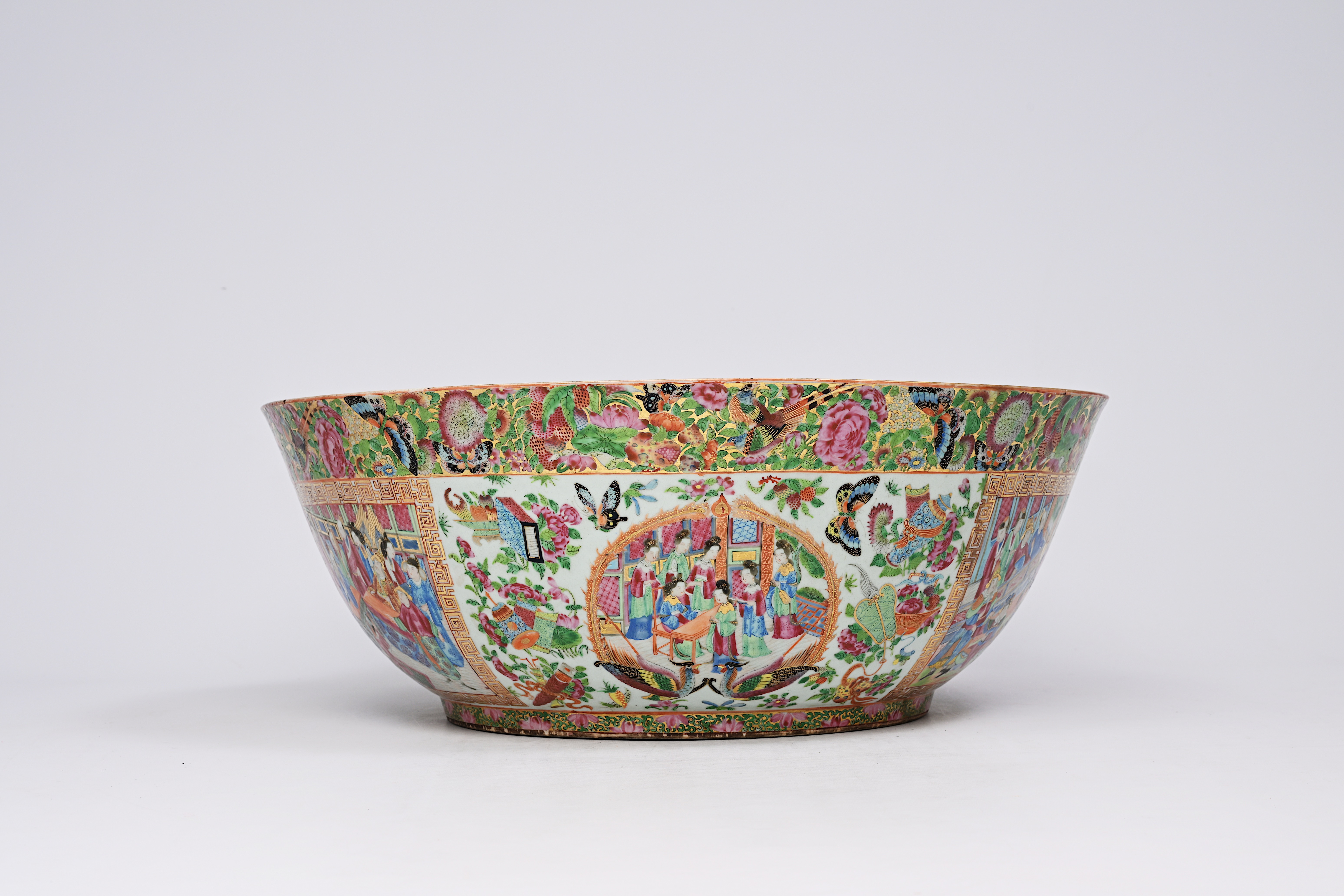 An imposing Chinese Canton famille rose bowl with palace scenes, antiquities and floral design, 19th - Image 3 of 10