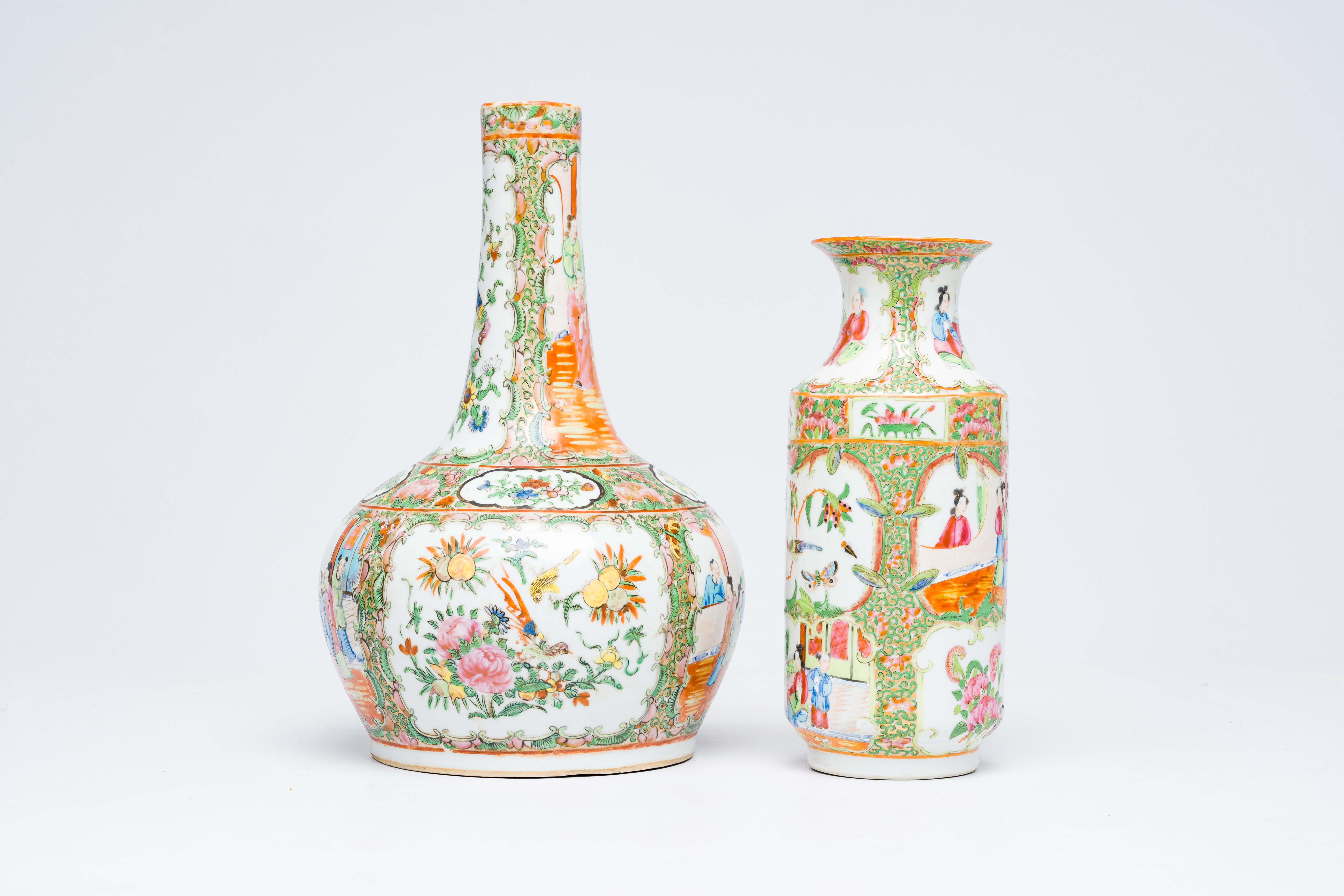 Two Chinese Canton famille rose vases and two plates, 19th C. - Image 8 of 10