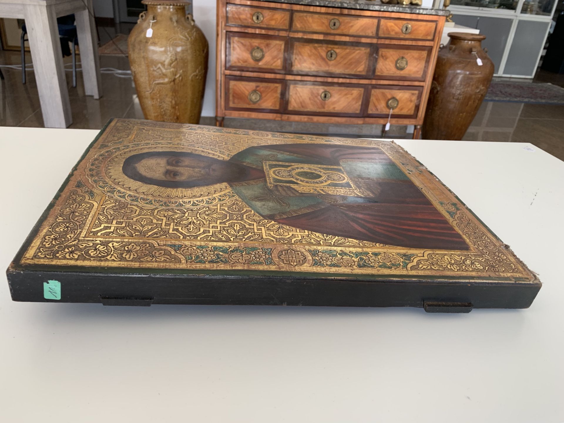 Two large Russian icons, 'Christ Pantocrator' and 'Saint Nicholas', 18th/19th C. - Image 15 of 21