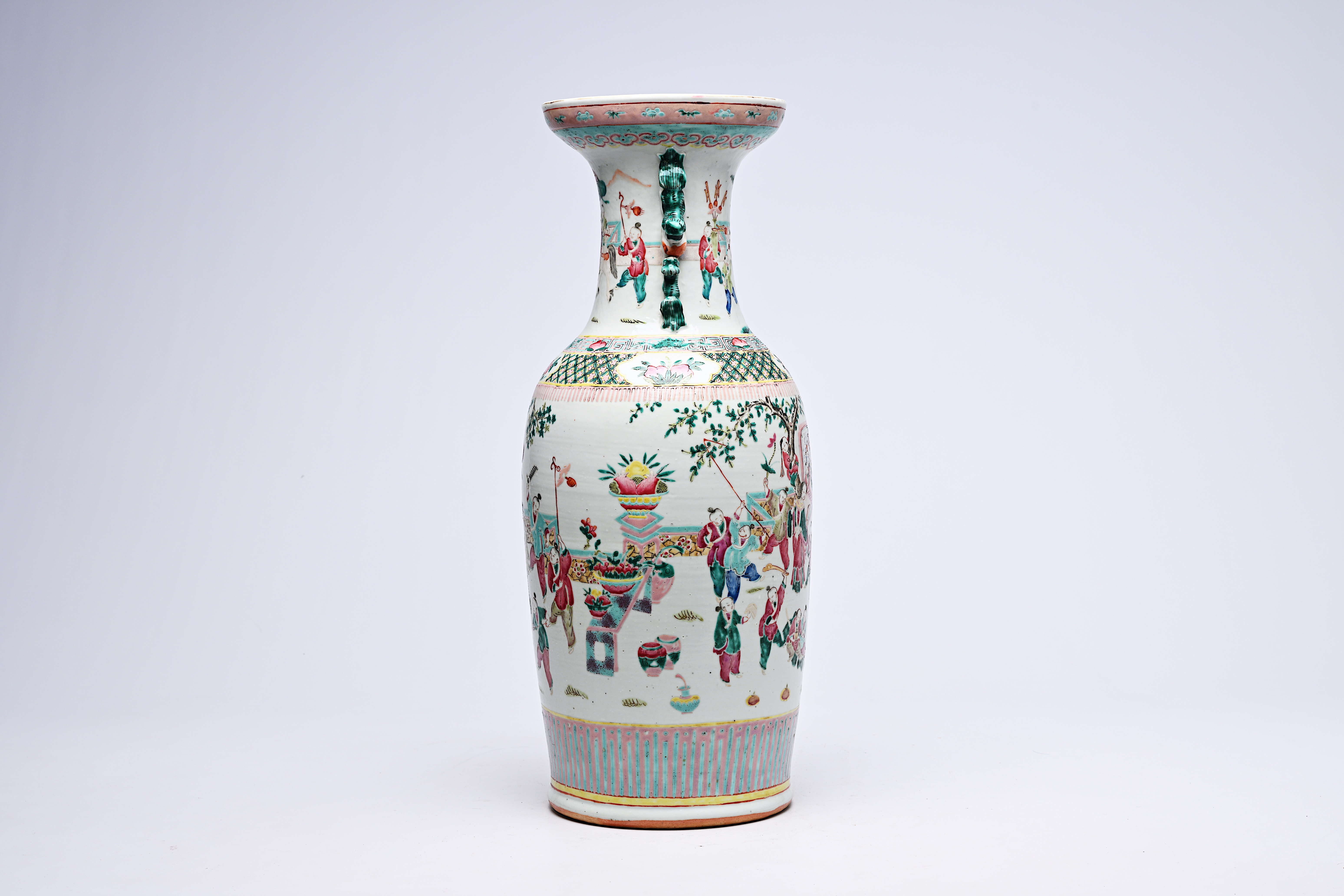 A Chinese famille rose vase with the qilin Song Zi and figures in a landscape, 19th C. - Image 7 of 16