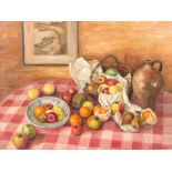 Diane Van Heyghen (20th C.): Still life with fruits and tableware, oil on canvas