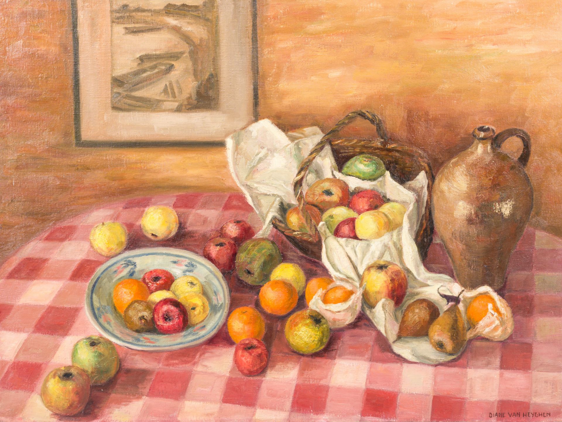 Diane Van Heyghen (20th C.): Still life with fruits and tableware, oil on canvas