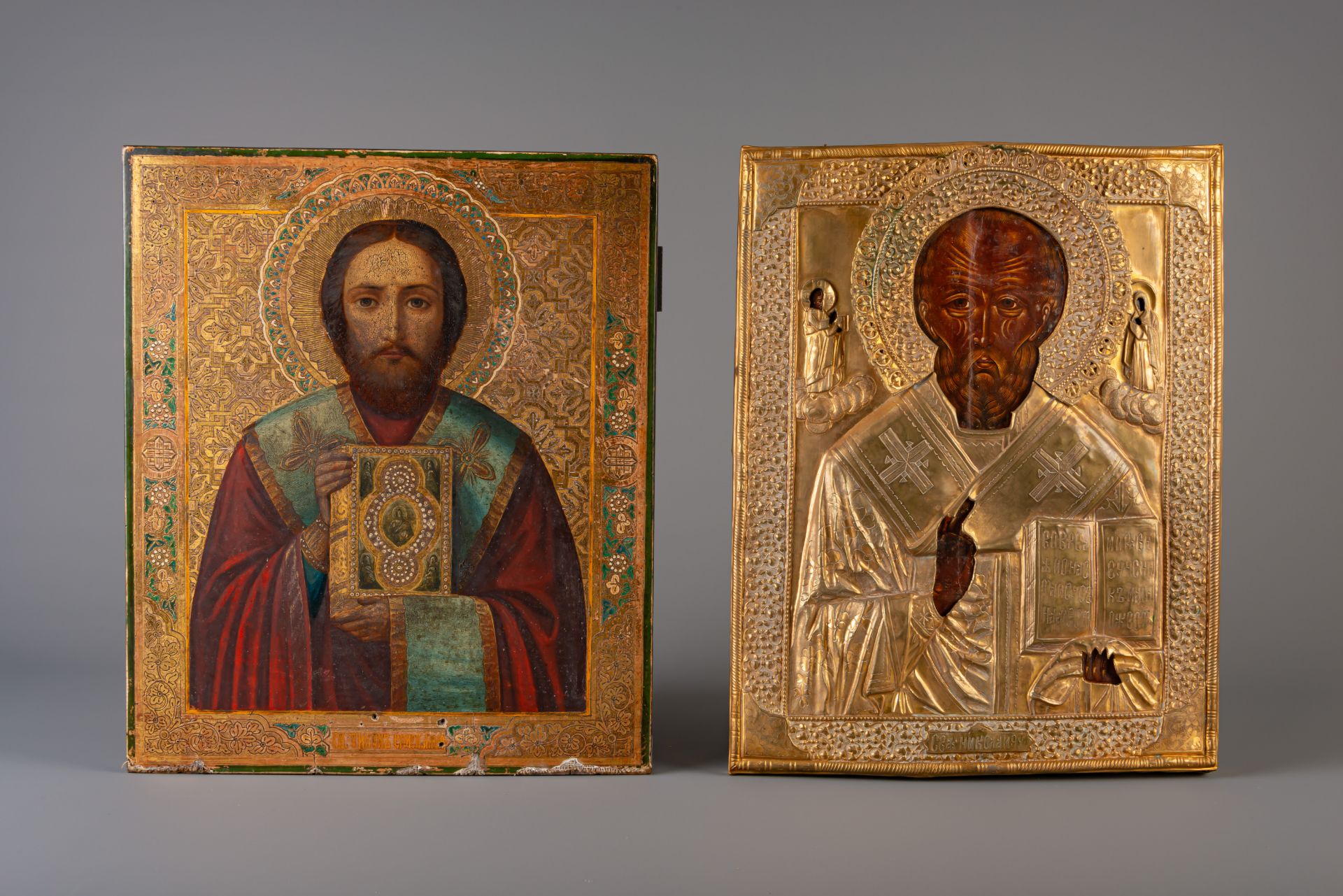 Two large Russian icons, 'Christ Pantocrator' and 'Saint Nicholas', 18th/19th C.