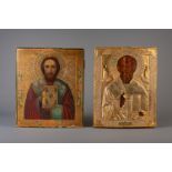 Two large Russian icons, 'Christ Pantocrator' and 'Saint Nicholas', 18th/19th C.