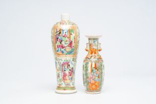 Two Chinese Canton famille rose vases with palace scenes and floral design, 19th/20th C.