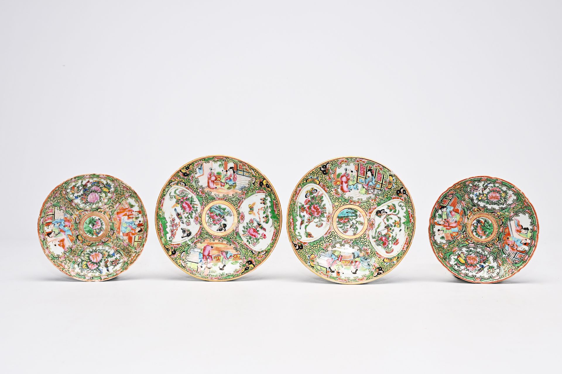 A Chinese Canton famille rose seventeen-part tea set and a bowl with palace scenes and floral design - Image 17 of 20