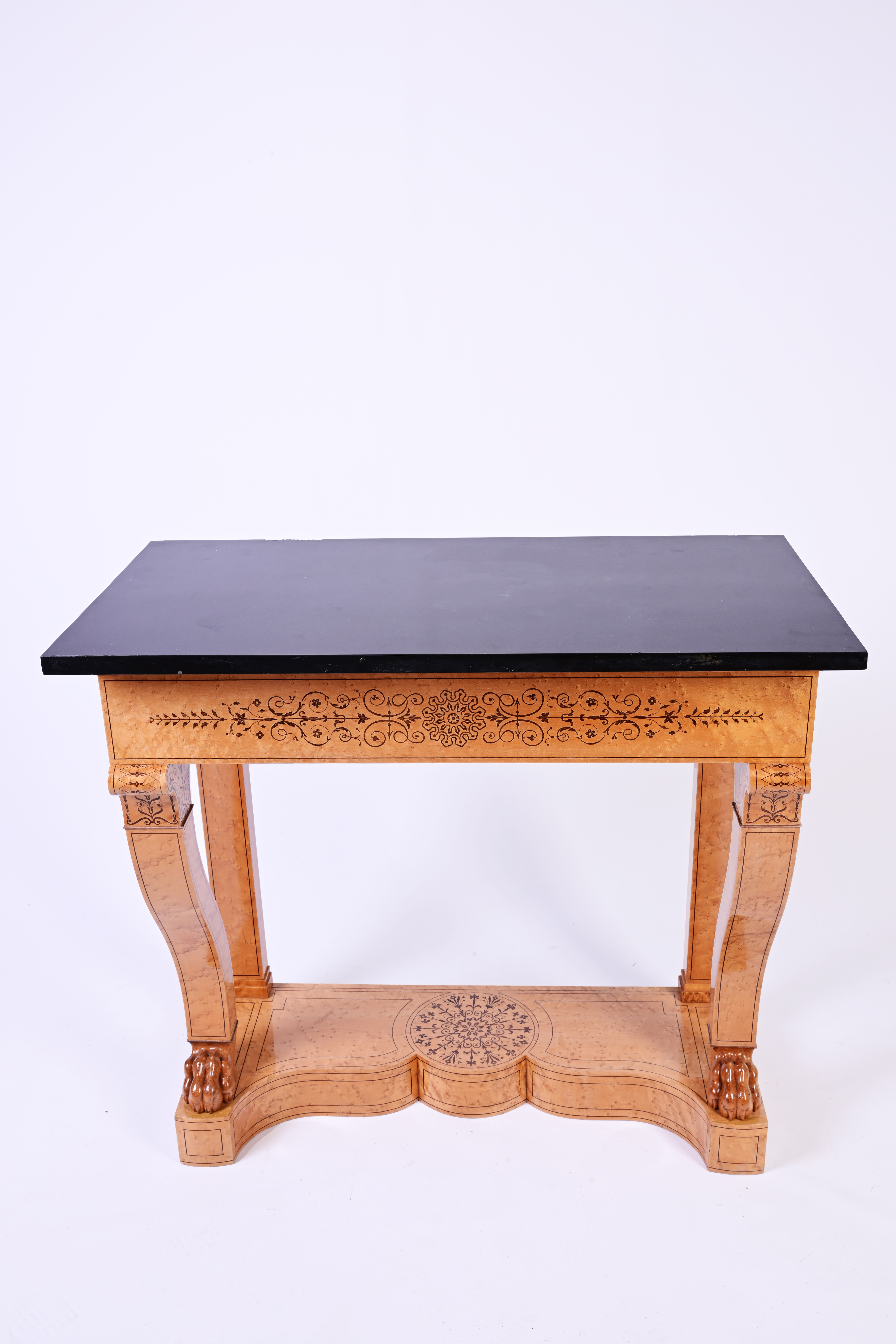 A pair of burl wood veneered Biedermeier style wall consoles with inlay and marble top, 19th/20th C. - Image 6 of 9