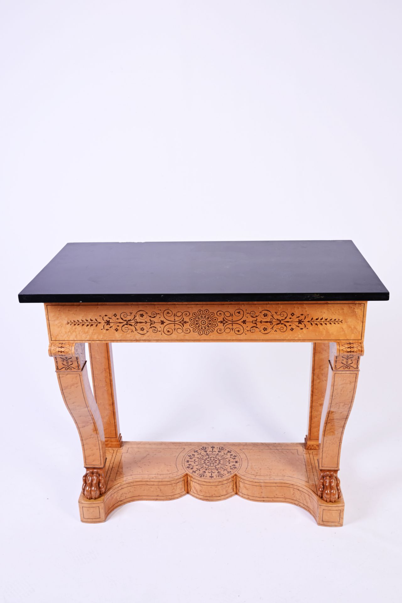 A pair of burl wood veneered Biedermeier style wall consoles with inlay and marble top, 19th/20th C. - Image 6 of 9