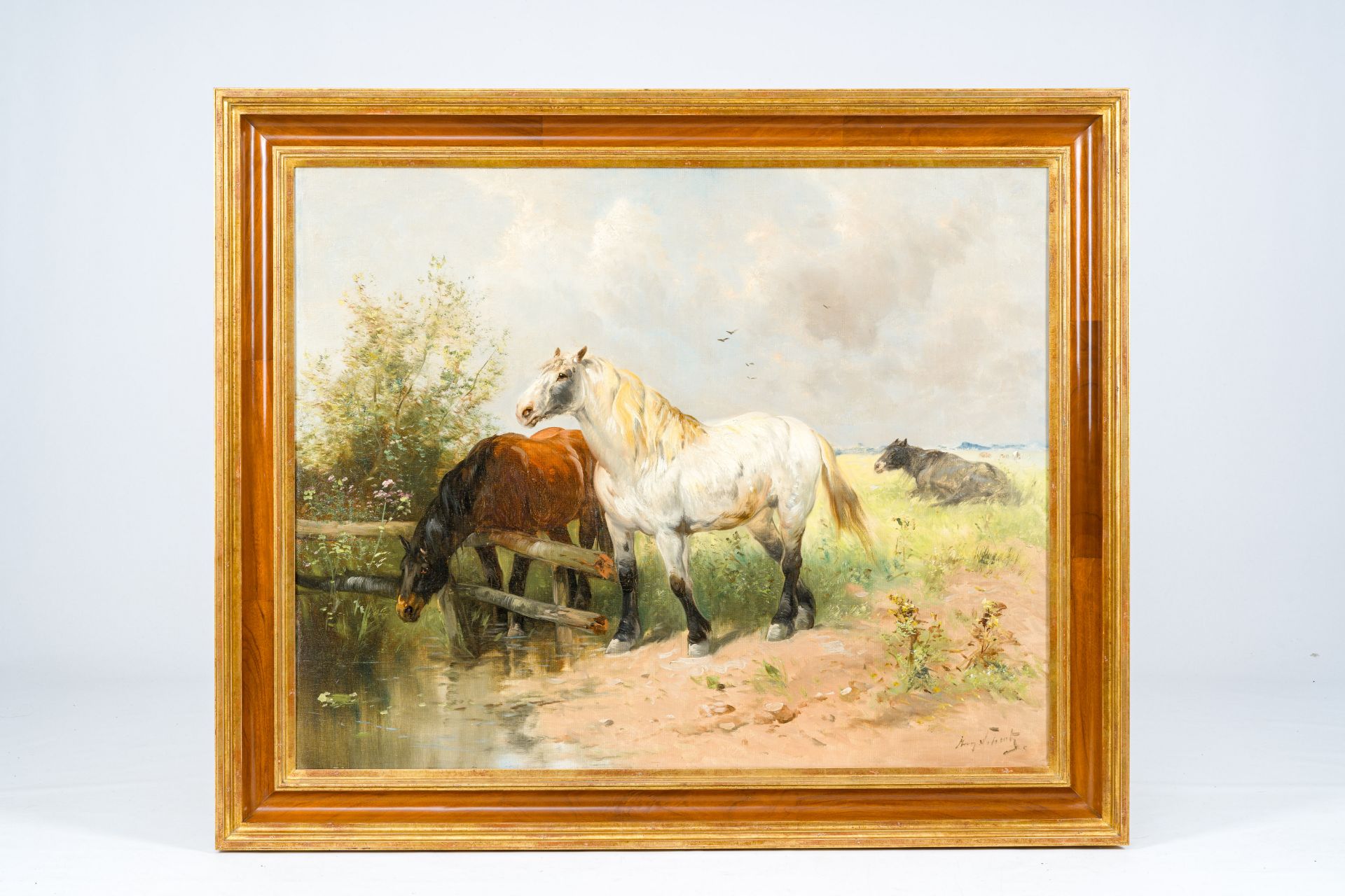 Henry Schouten (1857-1927): Horses at a watering hole, oil on canvas - Image 2 of 5