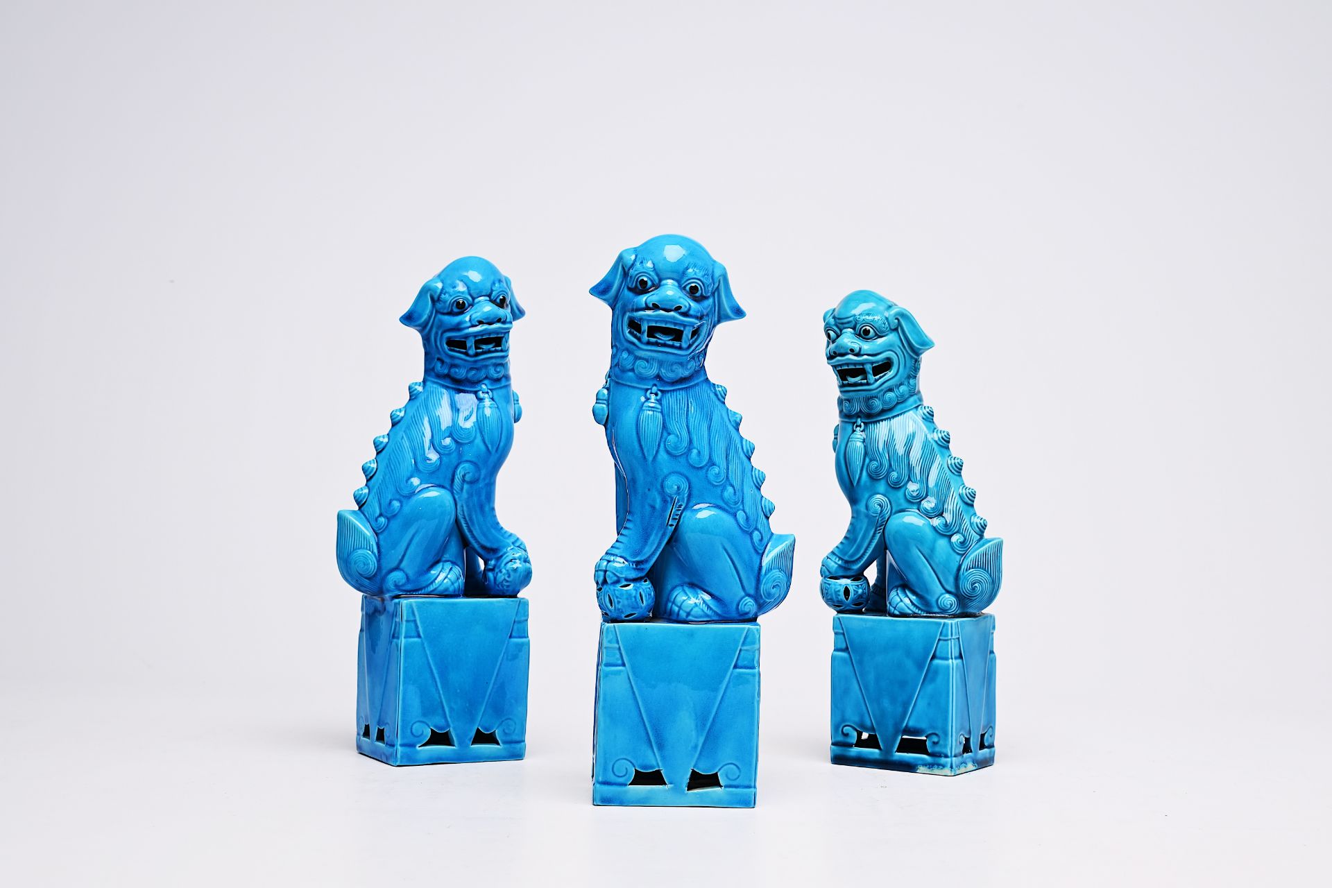 Five Chinese soapstone sculptures, three turquoise glazed lions and a pair of blue and white plates, - Image 17 of 24