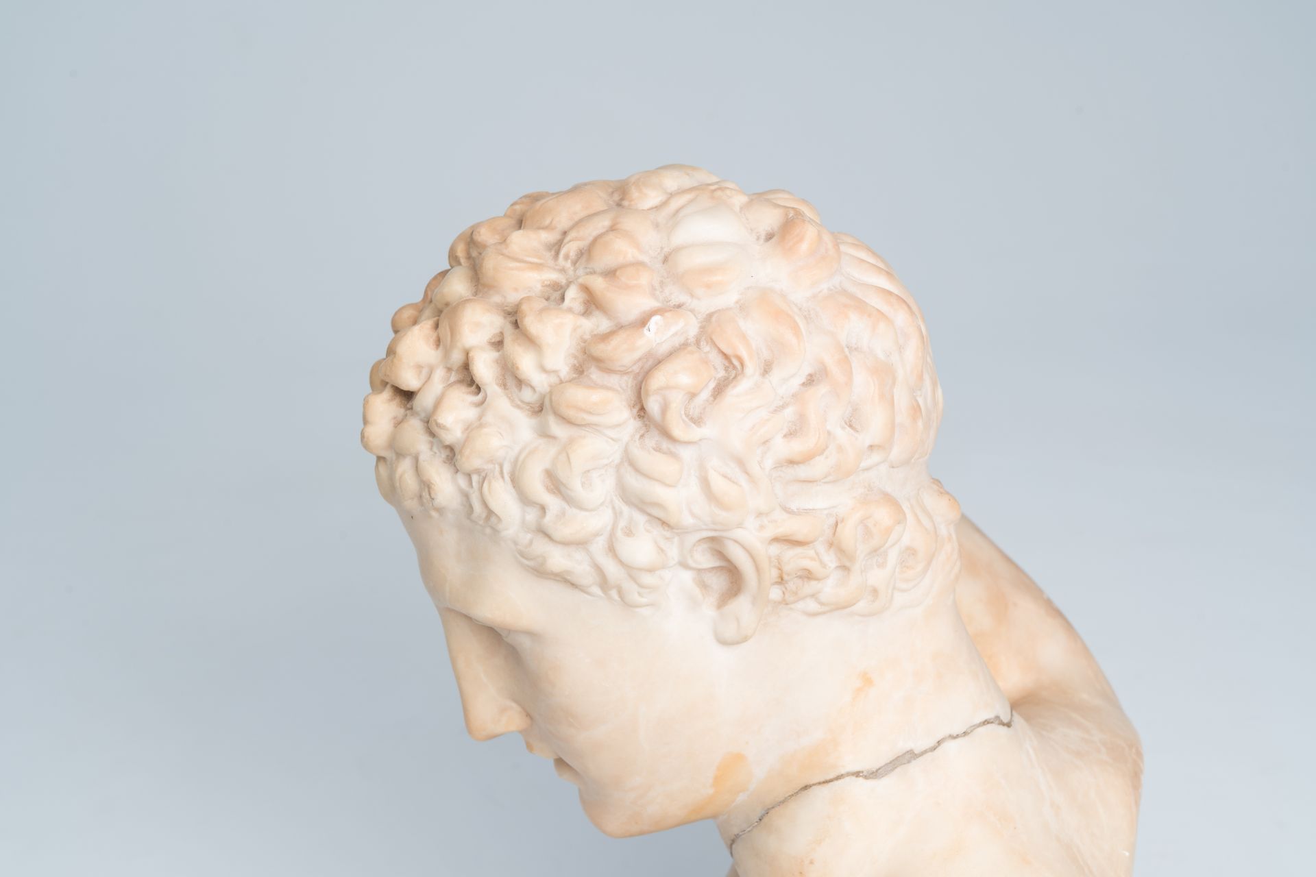 An Italian 'Grand Tour' marble bust of Hermes with the hand of the Infant Dionysus, 19th C. - Image 6 of 14