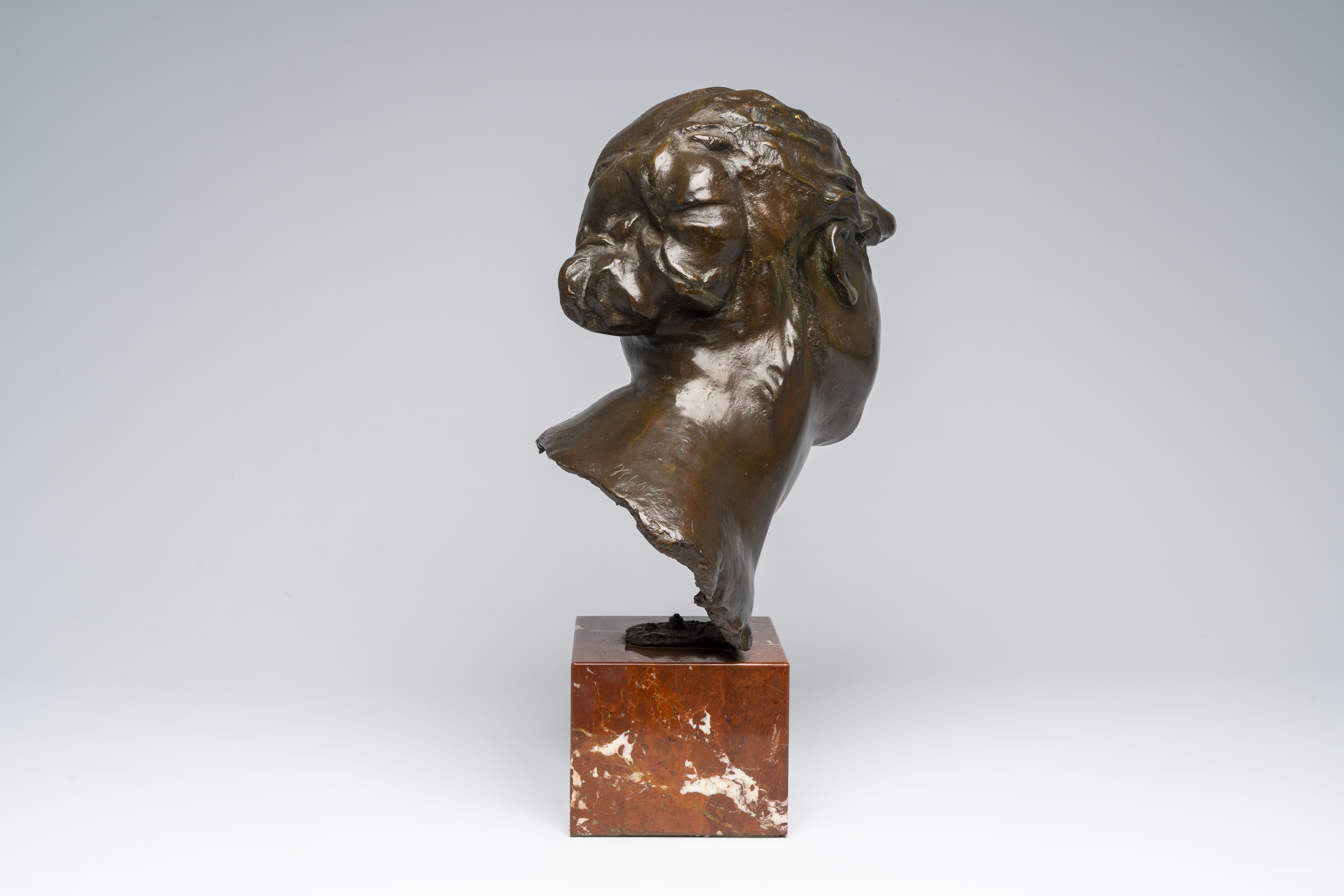 Jef Lambeaux (1852-1908, in the manner of): Bust of a lady, brown patinated bronze on a red marble b - Image 5 of 9