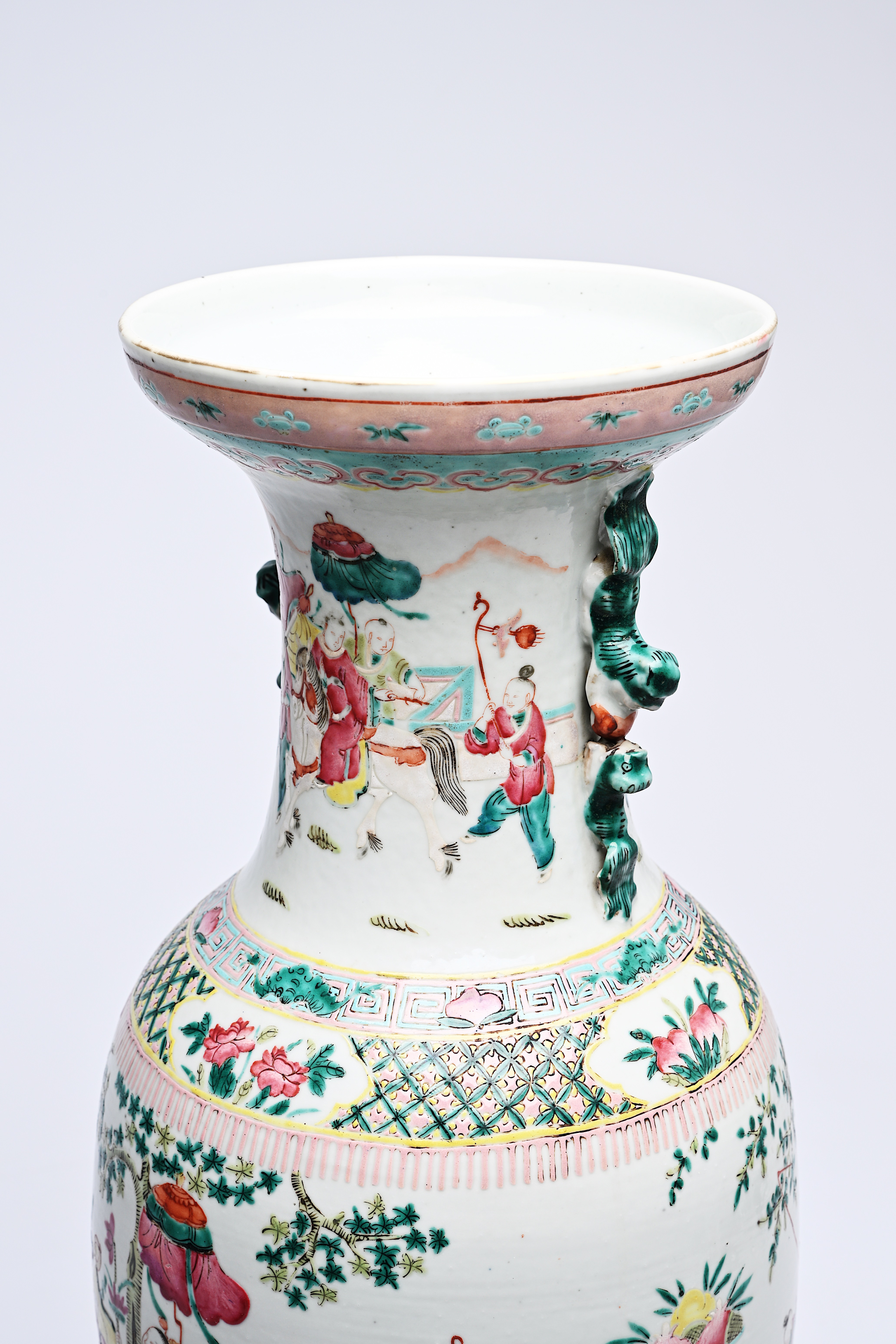 A Chinese famille rose vase with the qilin Song Zi and figures in a landscape, 19th C. - Image 11 of 16