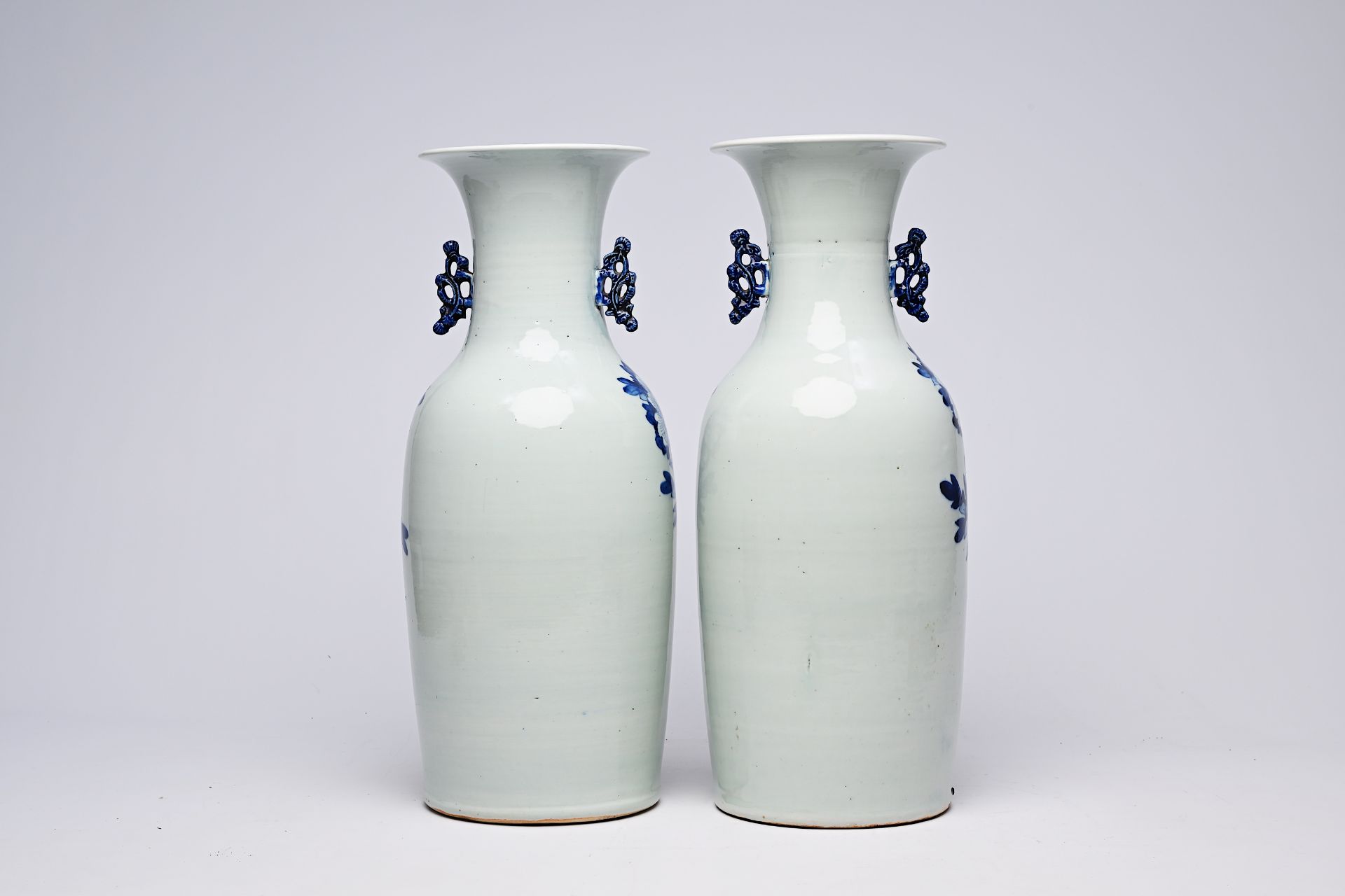 A pair of Chinese blue and white celadon ground vases with a dragon and a phoenix among blossoming b - Image 6 of 28