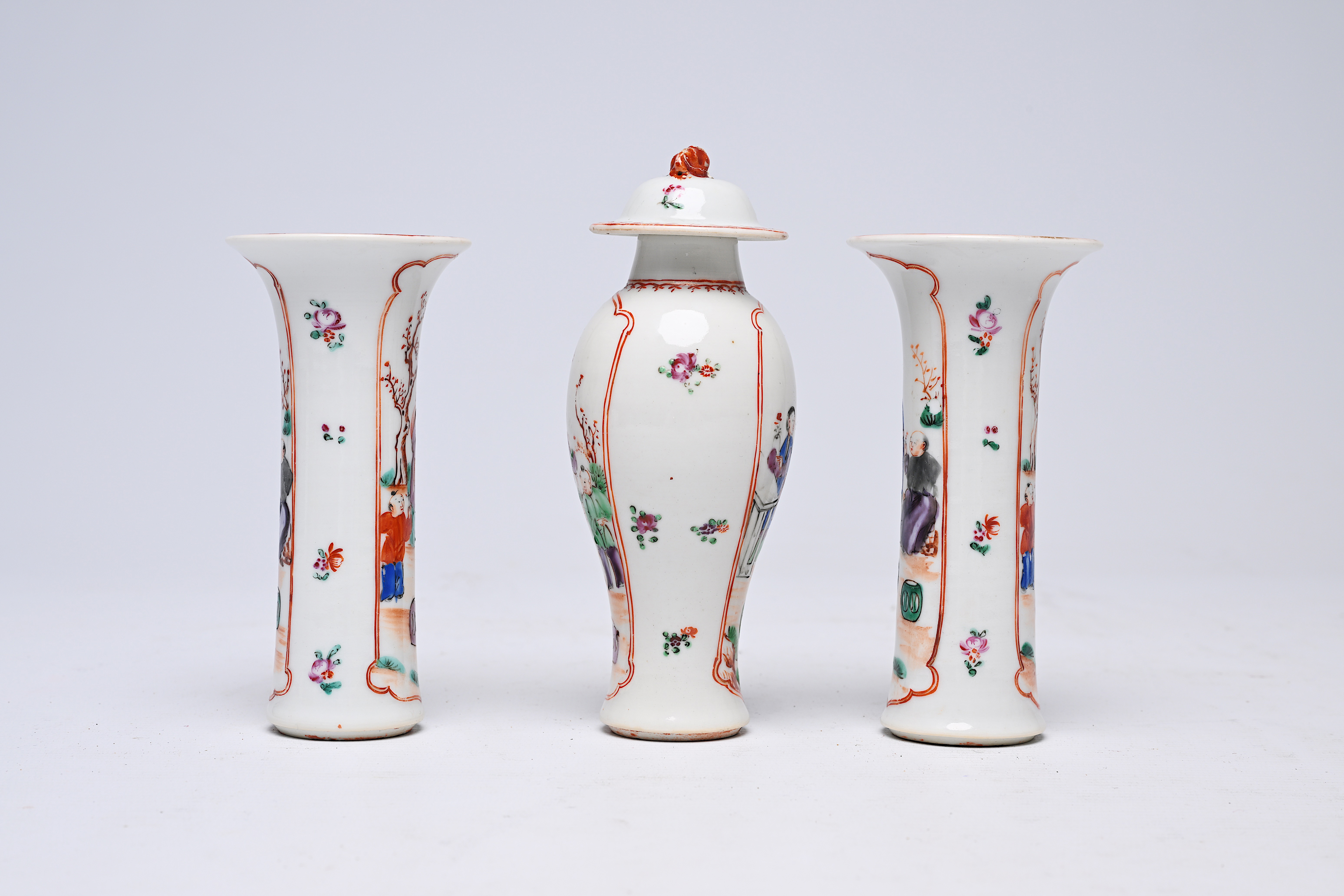 A Chinese famille rose three-piece 'mandarin subject' garniture, Qianlong - Image 2 of 6