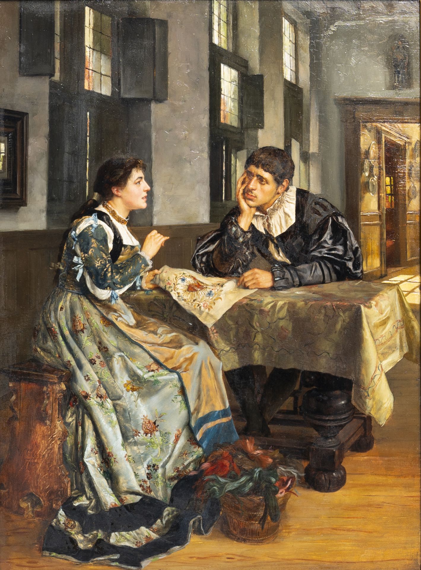Willem Geets (1838-1919): The conversation, oil on panel, dated 1890