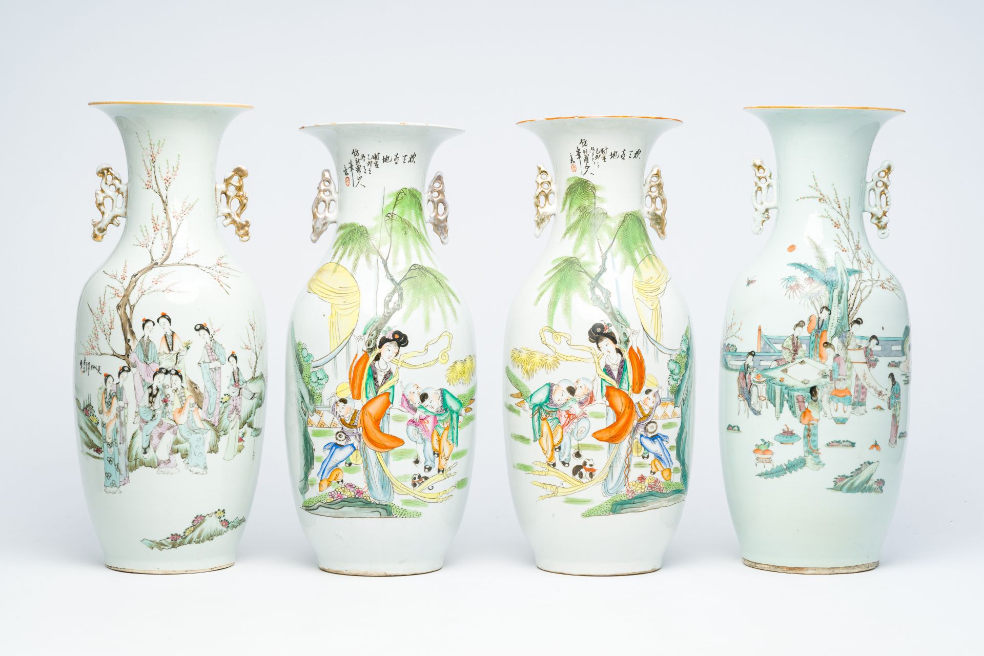 Four Chinese famille rose vases with ladies and playing boys, 19th/20th C.