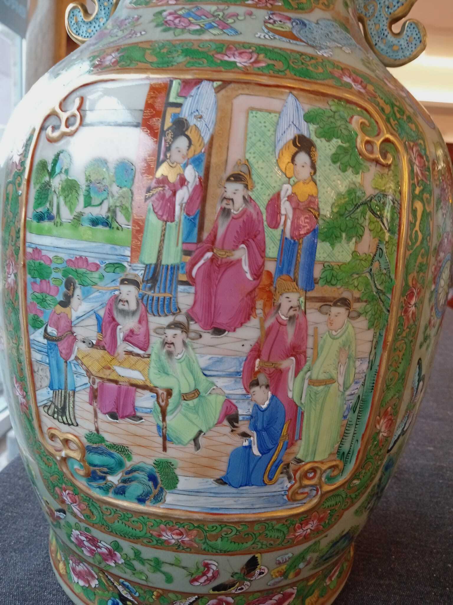 A pair of Chinese Canton famille rose celadon ground vases with palace scenes, animals and antiquiti - Image 31 of 64