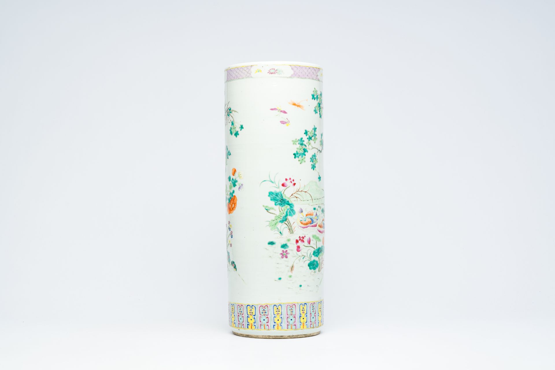 A Chinese cylindrical famille rose vase with birds among blossoming branches, 19th C. - Image 5 of 12