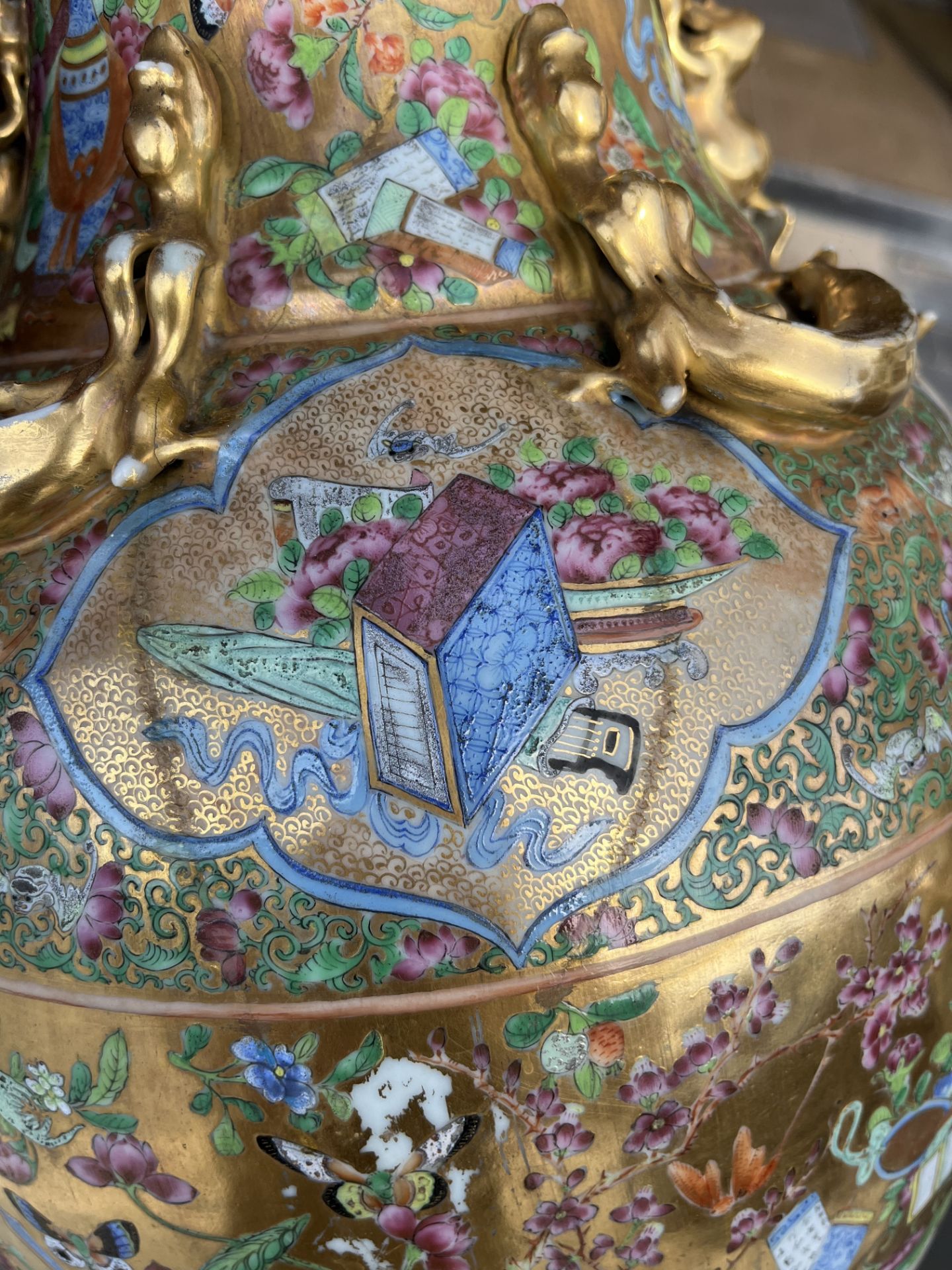 A pair of Chinese Canton famille rose gold ground vases with birds and butterflies among blossoming - Image 56 of 60