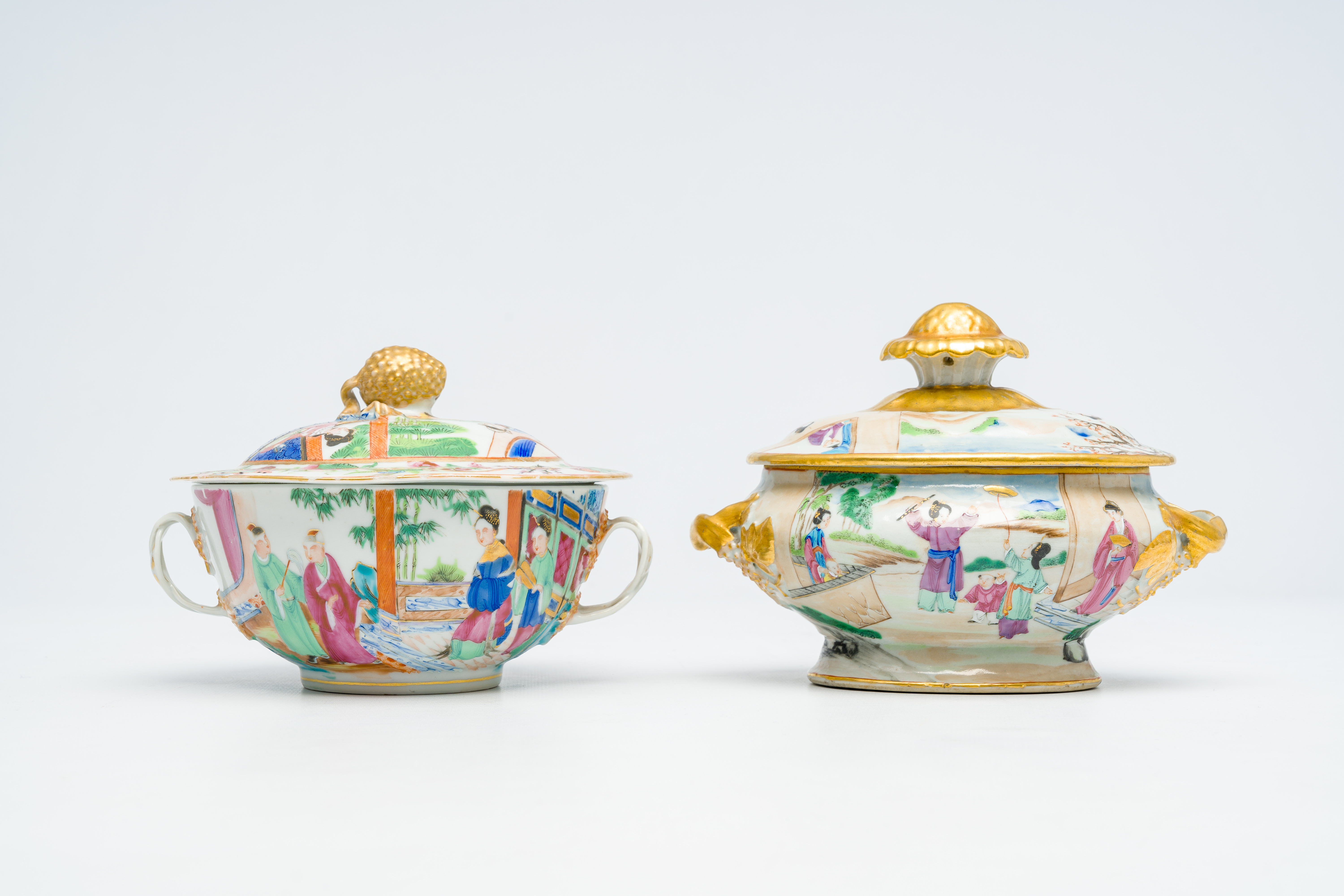 A Chinese Canton famille rose bowl and cover with palace scenes and a tureen and cover with playing - Image 3 of 7