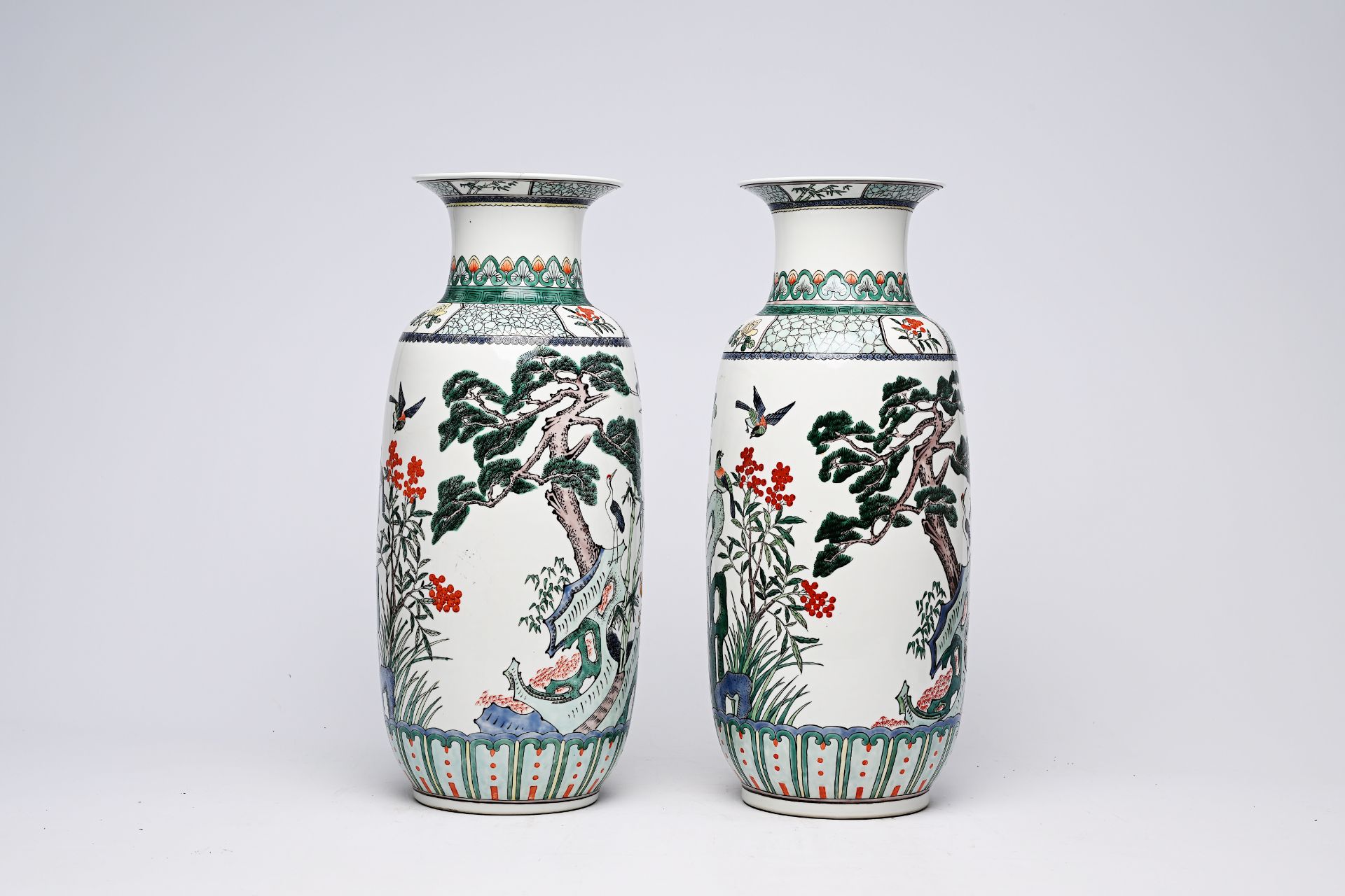 A pair of Chinese famille verte vases with birds among blossoming branches, 20th C. - Image 4 of 14