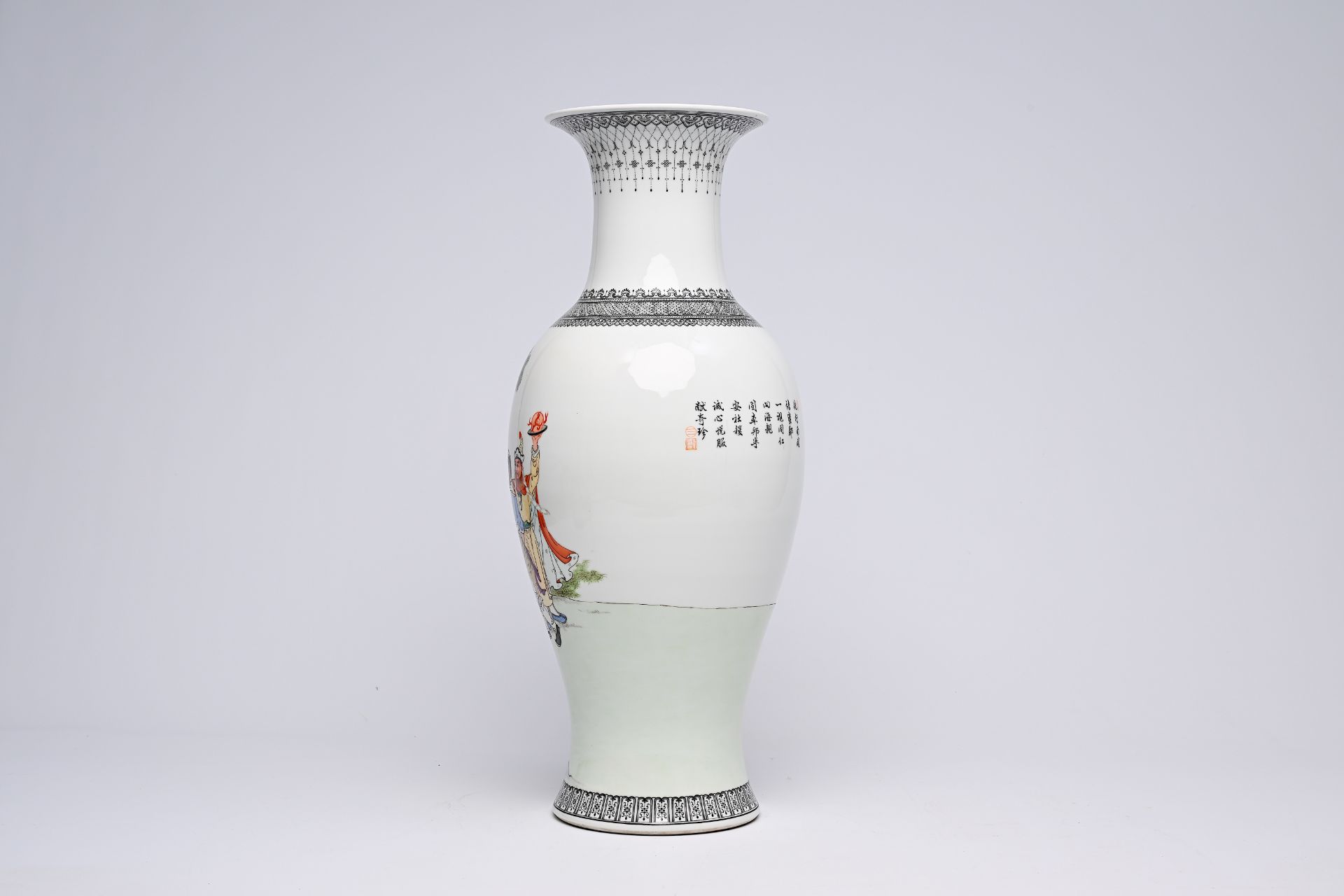 A Chinese polychrome baluster shaped 'Eight Immortals' vase, Qianlong mark, Republic, 20th C. - Image 8 of 20