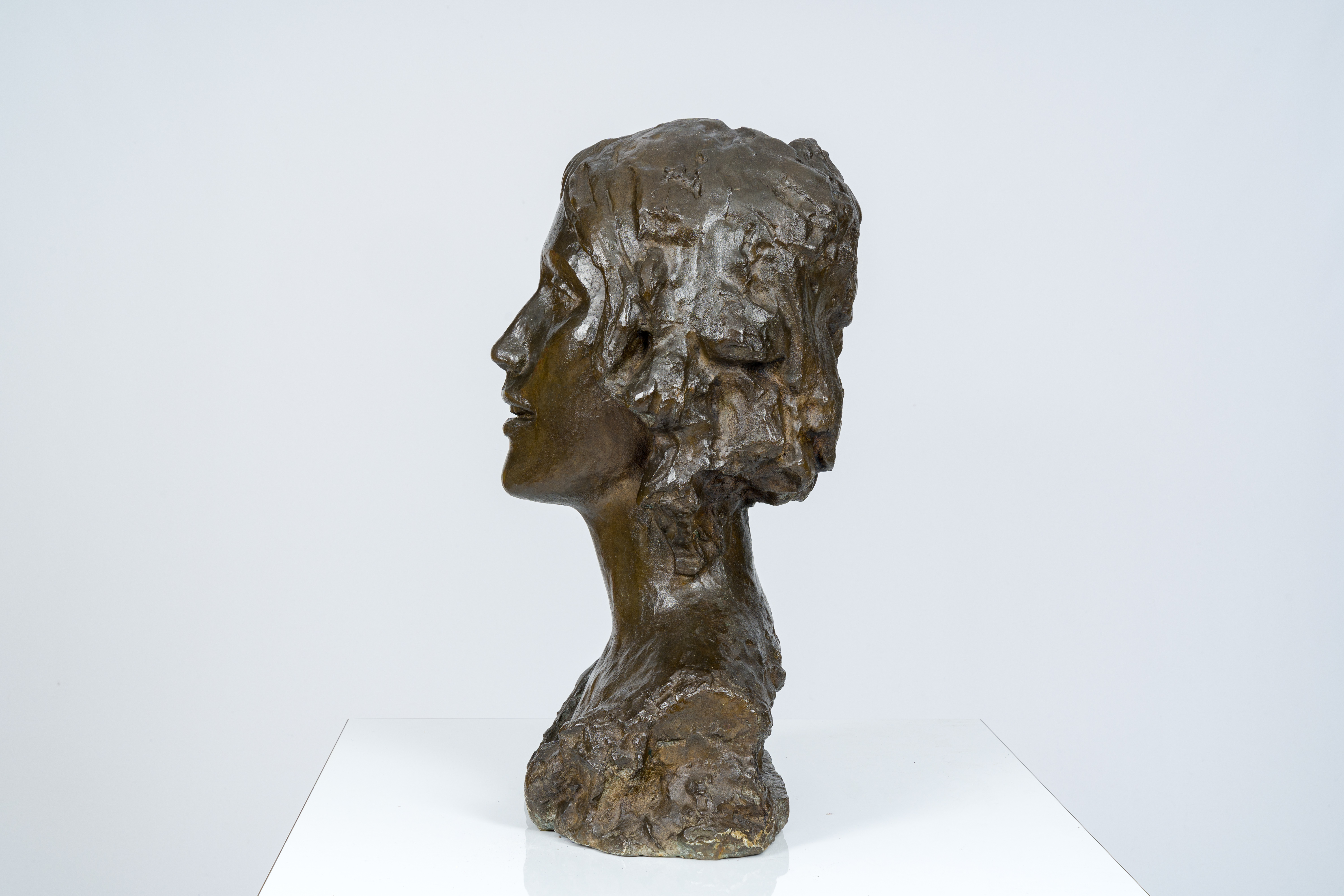 Eastern European school: Bust of a lady, brown patinated bronze, 20th C. - Image 3 of 7