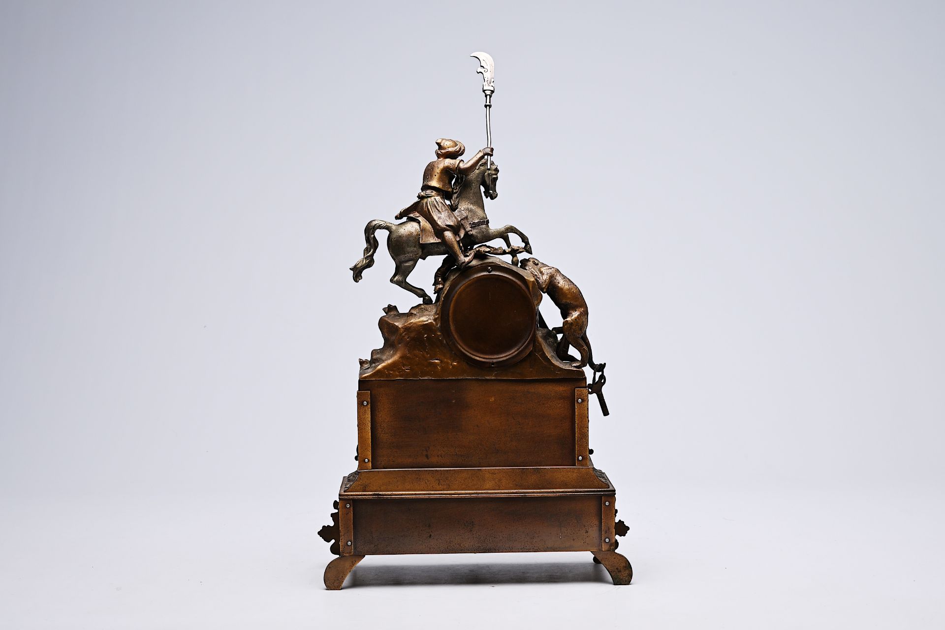 A German partly bronze mantel clock crowned with a Moorish rider on horseback, 19th/20th C. - Image 3 of 9
