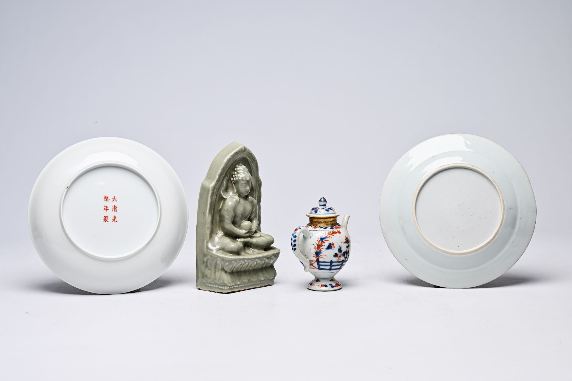 A Chinese Imari style teapot, two famille rose plates with floral design and a celadon 'Buddha' figu - Image 5 of 6