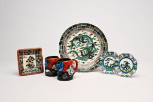 Four Japanese Kutani dishes and a pair of Sumida Gawa mugs, Meiji/Showa, 19th/20th C.