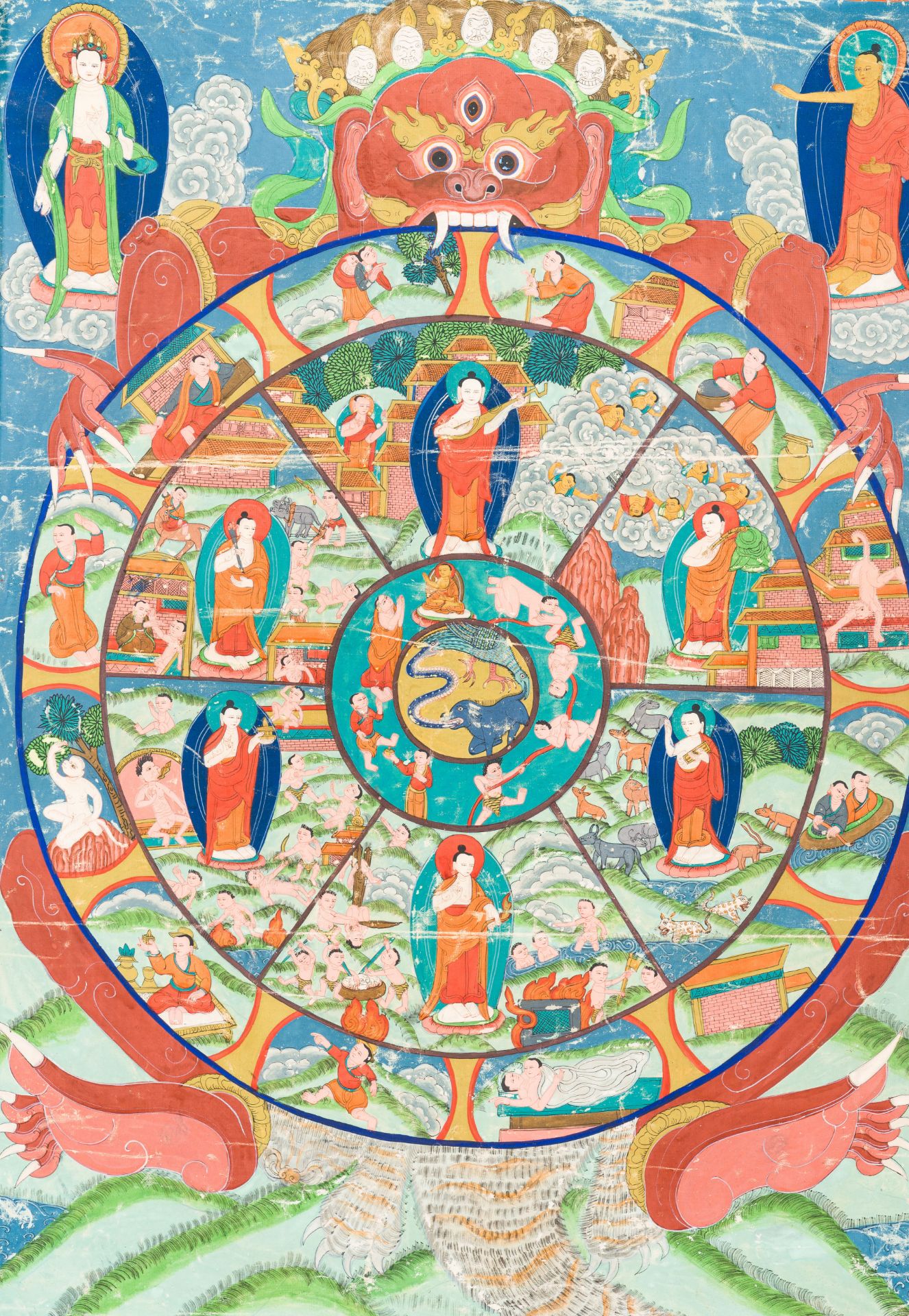 A 'Bhavacakra' or 'Wheel of life' thangka, Tibet or Nepal, 20th C.