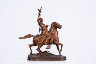 Pierre-Jules Mene (1810-1879): Arab falconer on horseback, patinated bronze, 20th C.