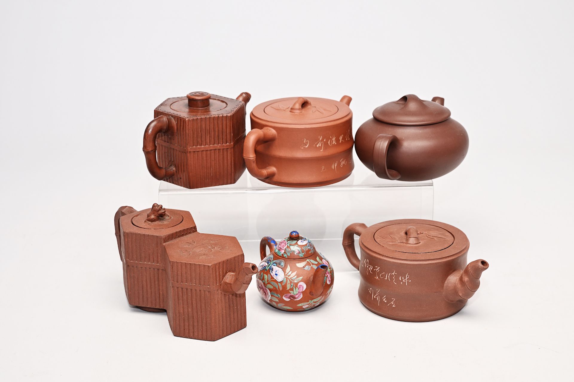 Six various Chinese Yixing stoneware teapots and covers one with enamelled design, 19th/20th C. - Image 16 of 18