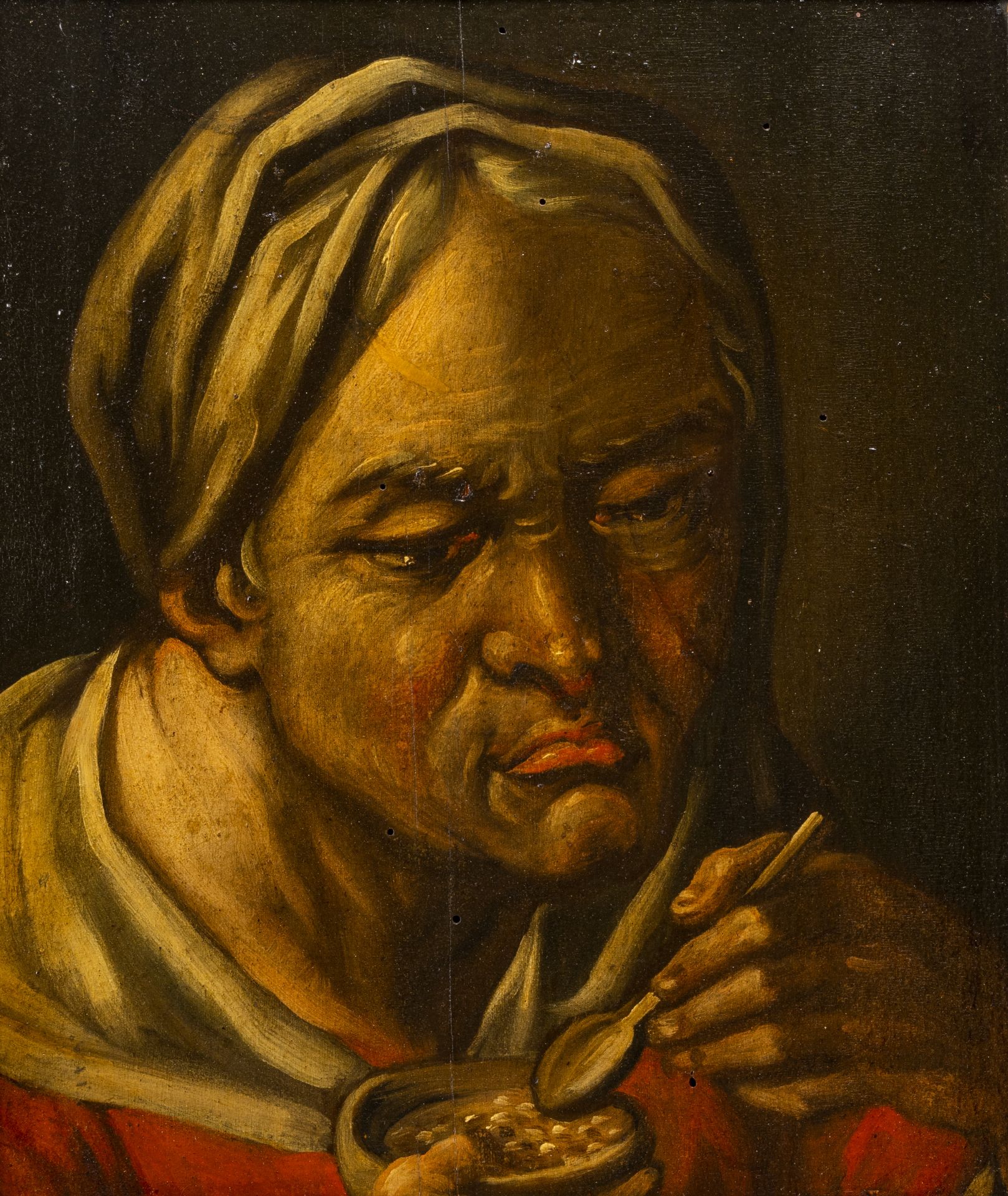 Flemish school: Eating the porridge, oil on panel, 18th C.