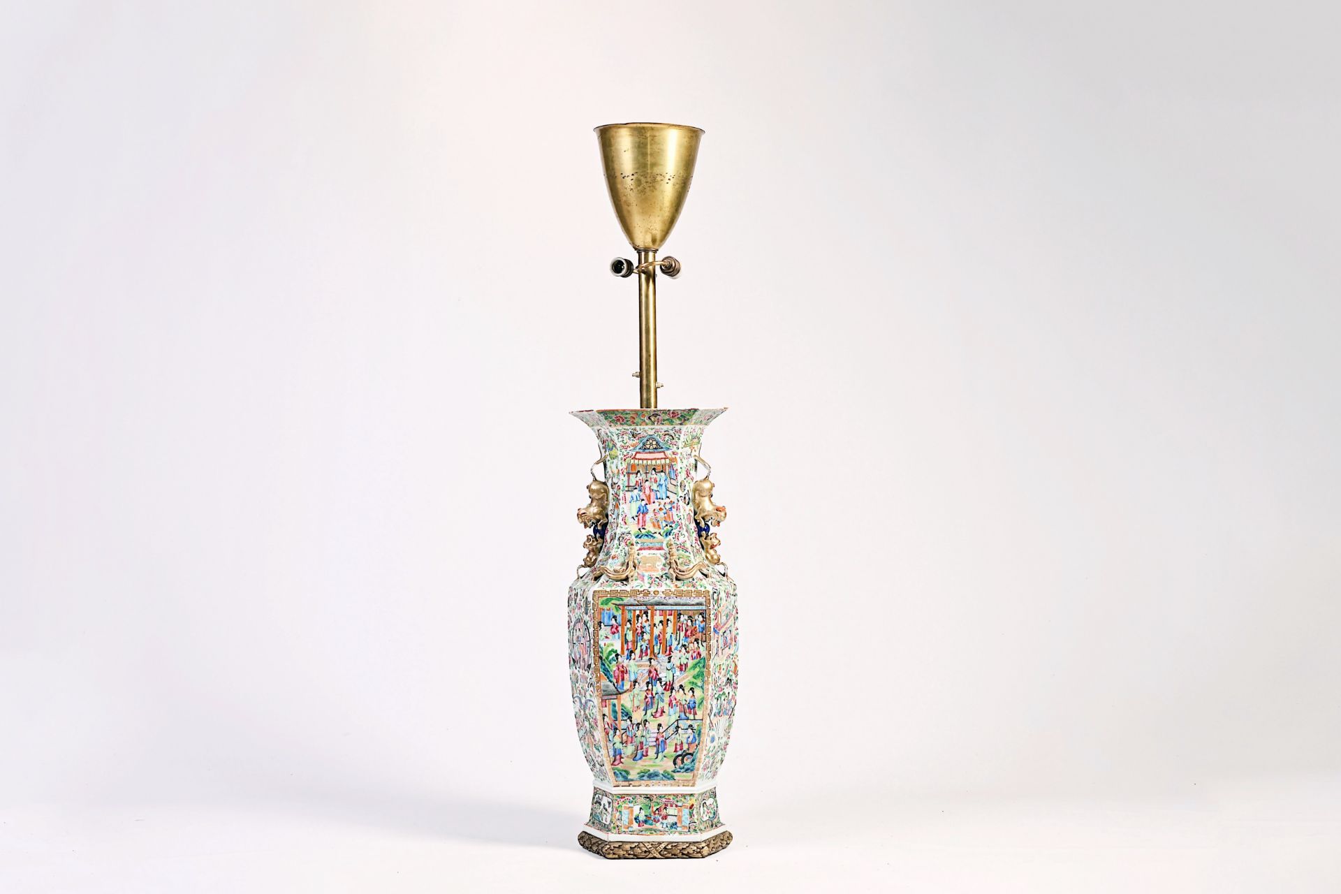 A large Chinese hexagonal Canton famille rose vase mounted as a lamp with an exceptional shade, 19th - Image 7 of 13