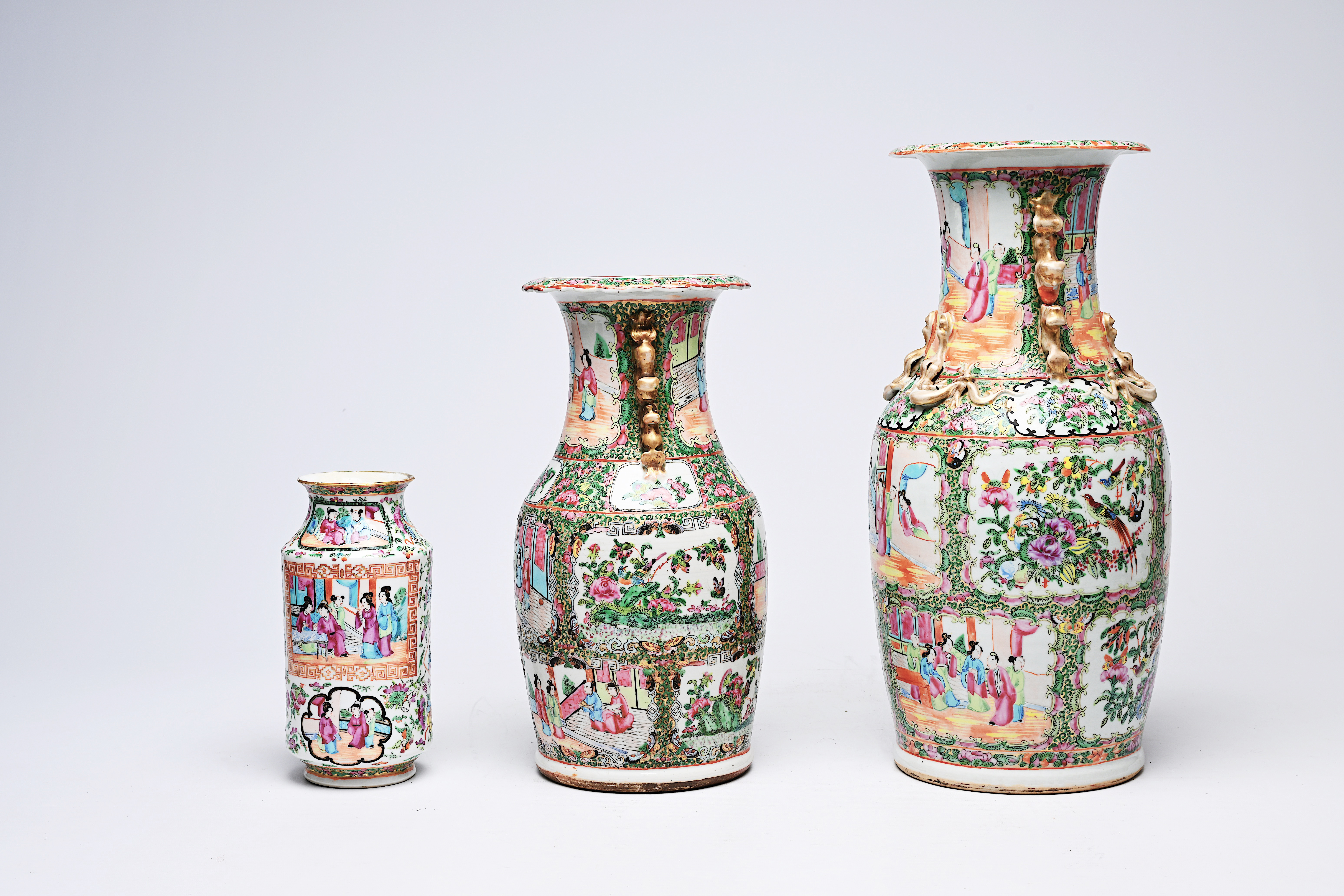Three Chinese Canton famille rose vases with palace scenes and floral design, 19th C. - Image 4 of 6