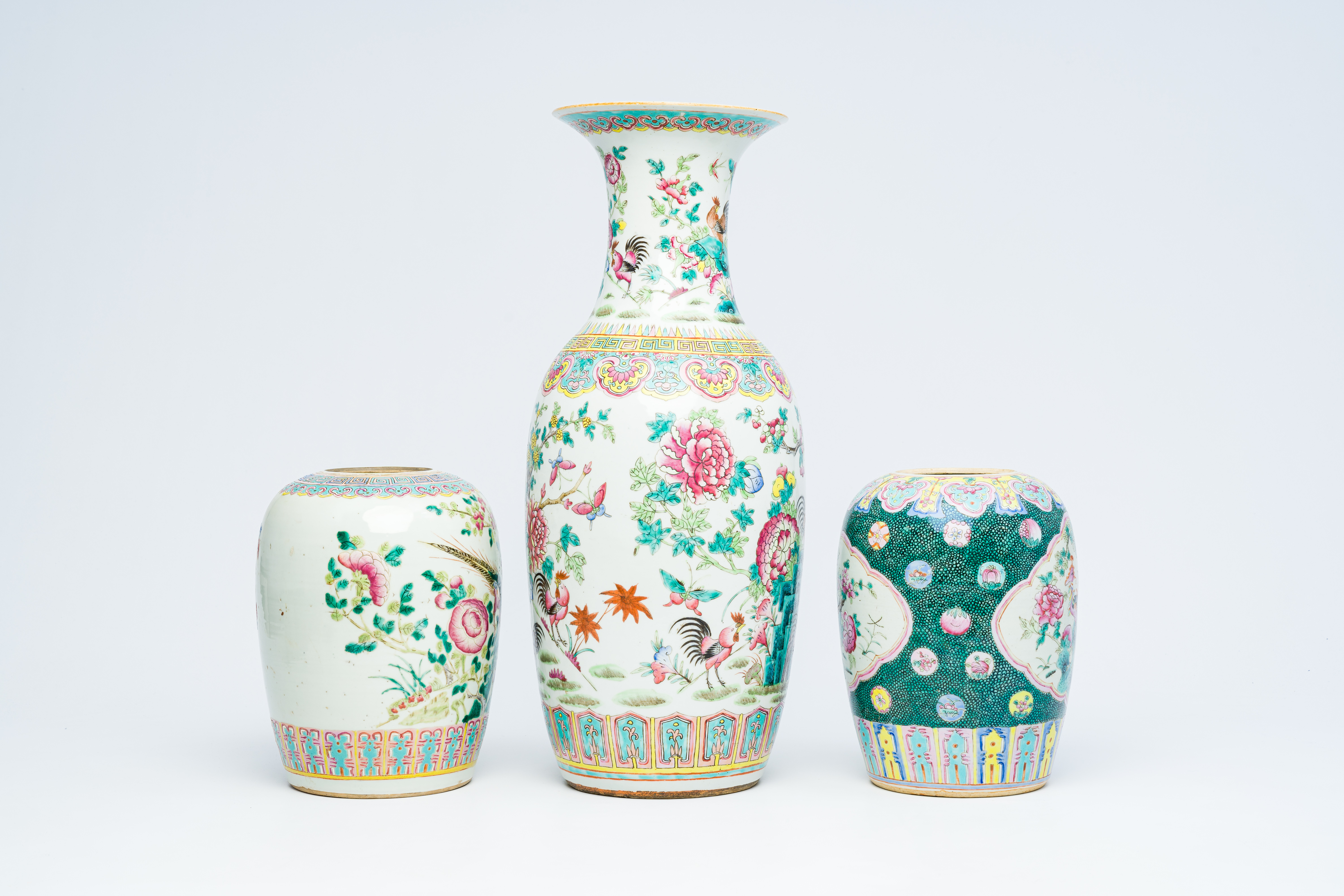 A Chinese famille rose vase and two ginger jars with birds among blossoming branches, 19th C. - Image 7 of 12
