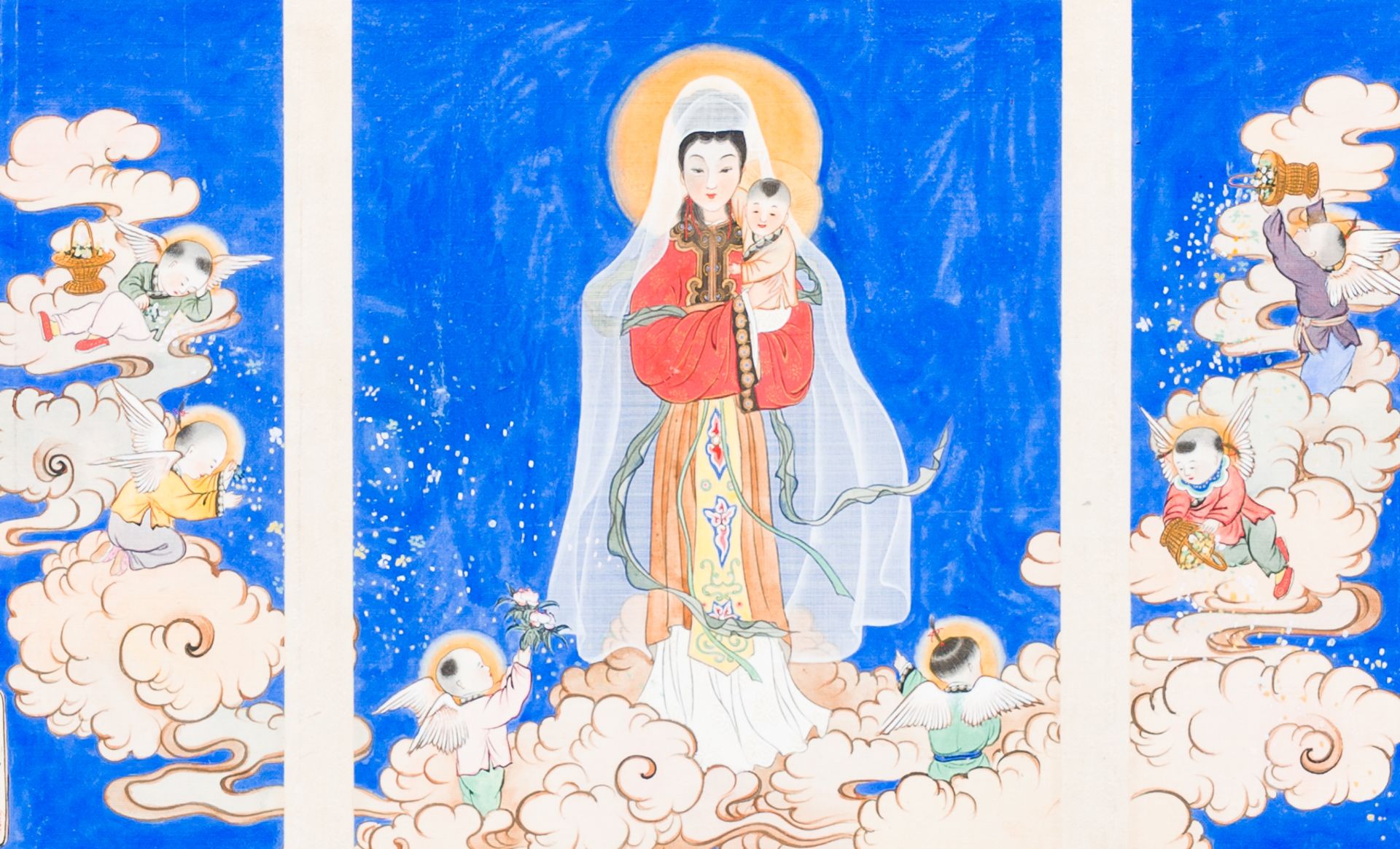 Lu Hongnian é™†é´»å¹´ (1914/19-1989): Our Lady of China with Child surrounded by angels, triptych, m