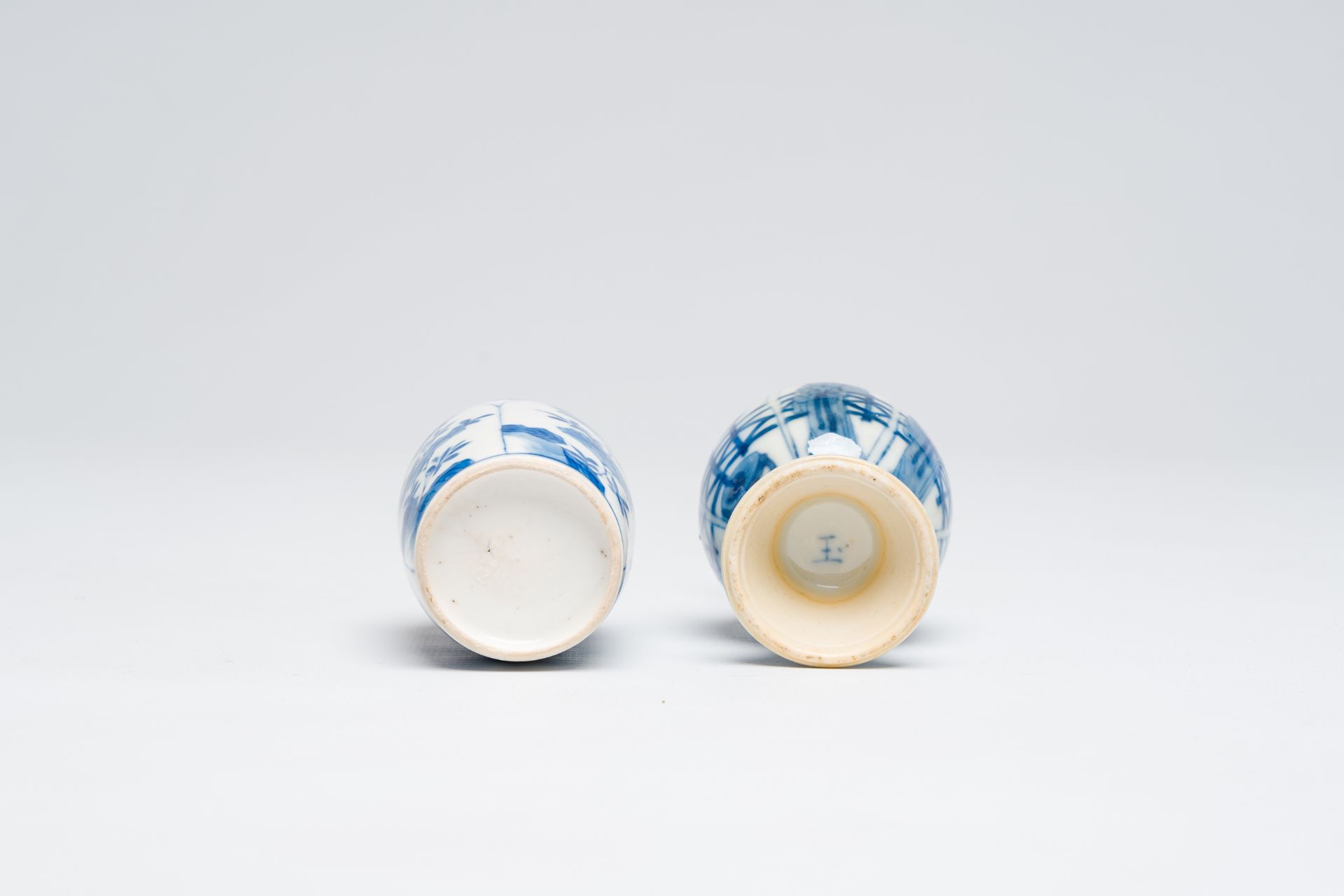 A Chinese blue and white soft paste vase with floral design and a 'ladies and birdcages' vase, Kangx - Image 6 of 6