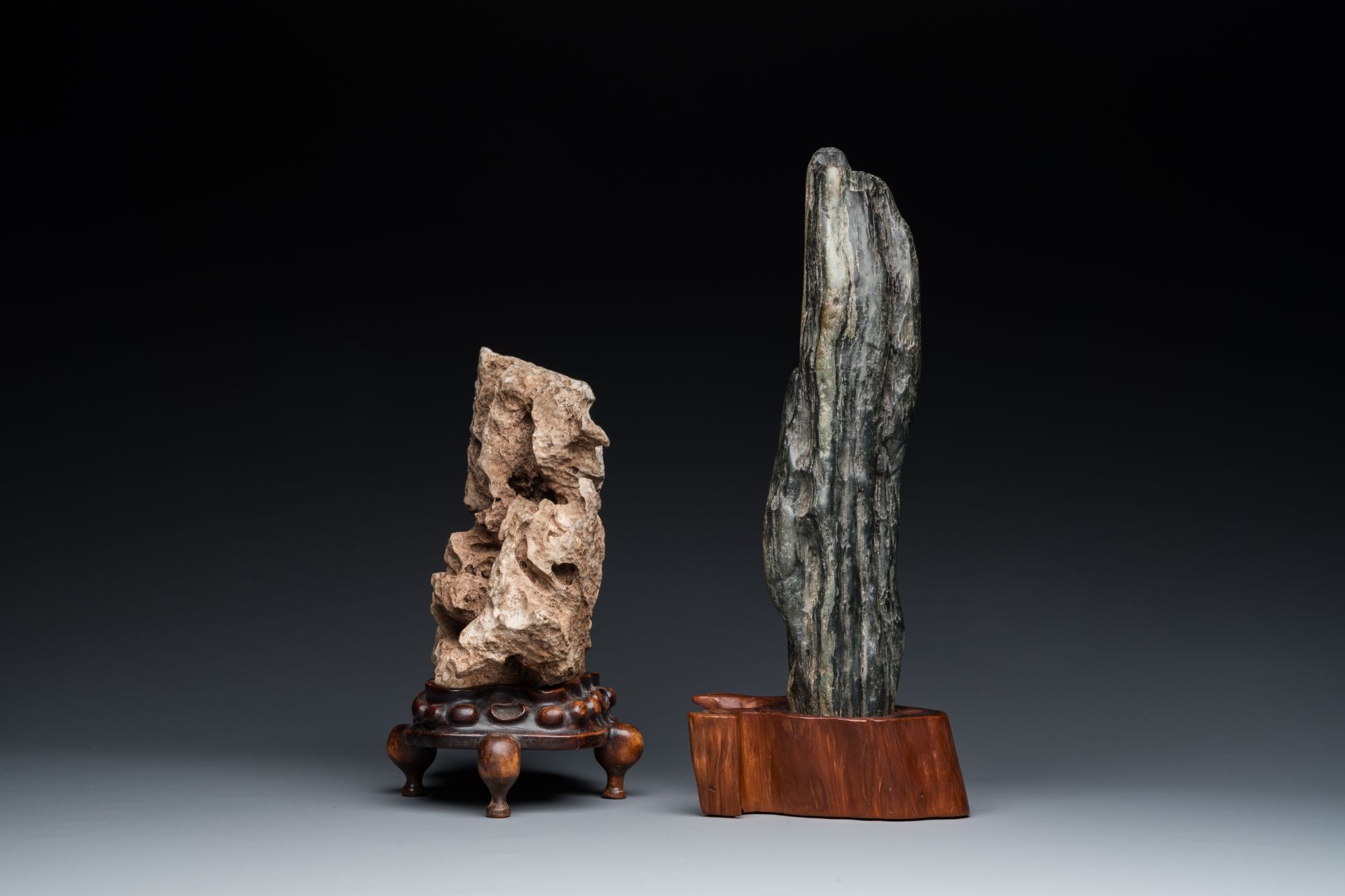 Two Chinese 'gongshi or 'scholar's rocks' on wood stands, Ming or later - Image 5 of 7