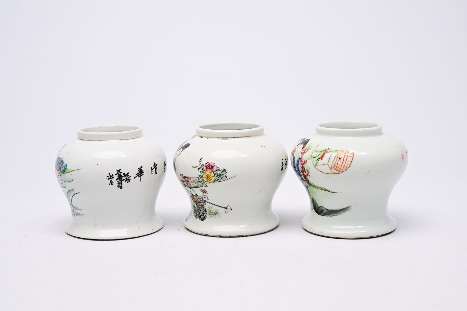 Five various Chinese famille rose and qianjiang cai jars and covers with ladies and children on a te - Image 13 of 28