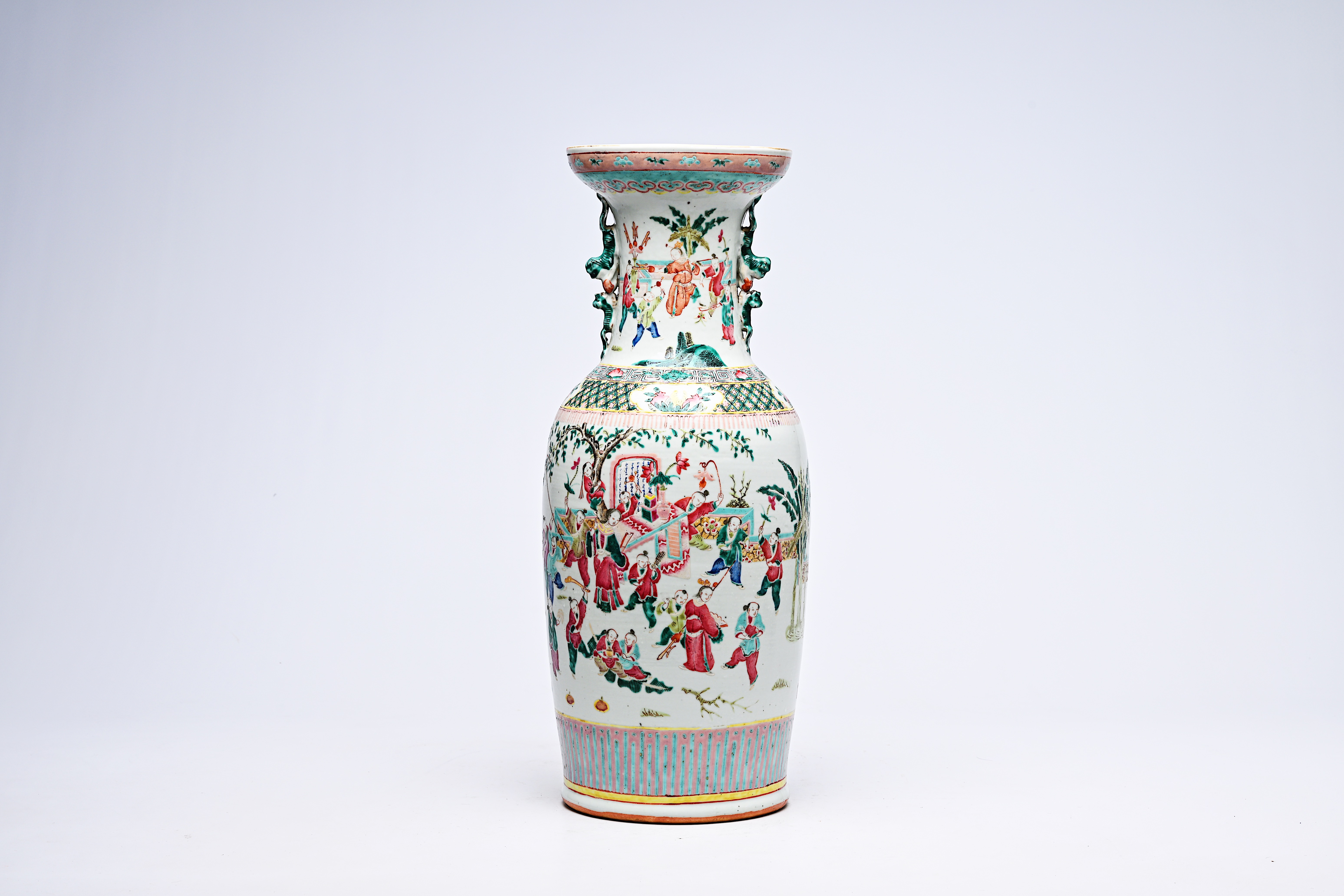 A Chinese famille rose vase with the qilin Song Zi and figures in a landscape, 19th C.